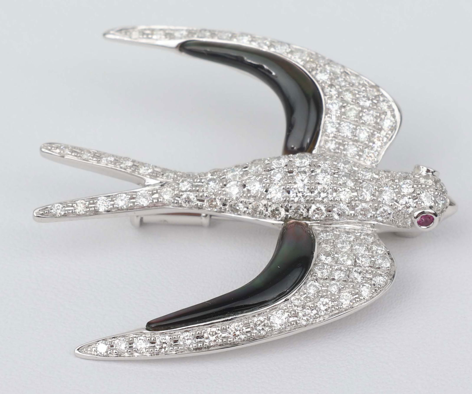 18K SWALLOW DIAMOND RUBY ONYX BROOCH