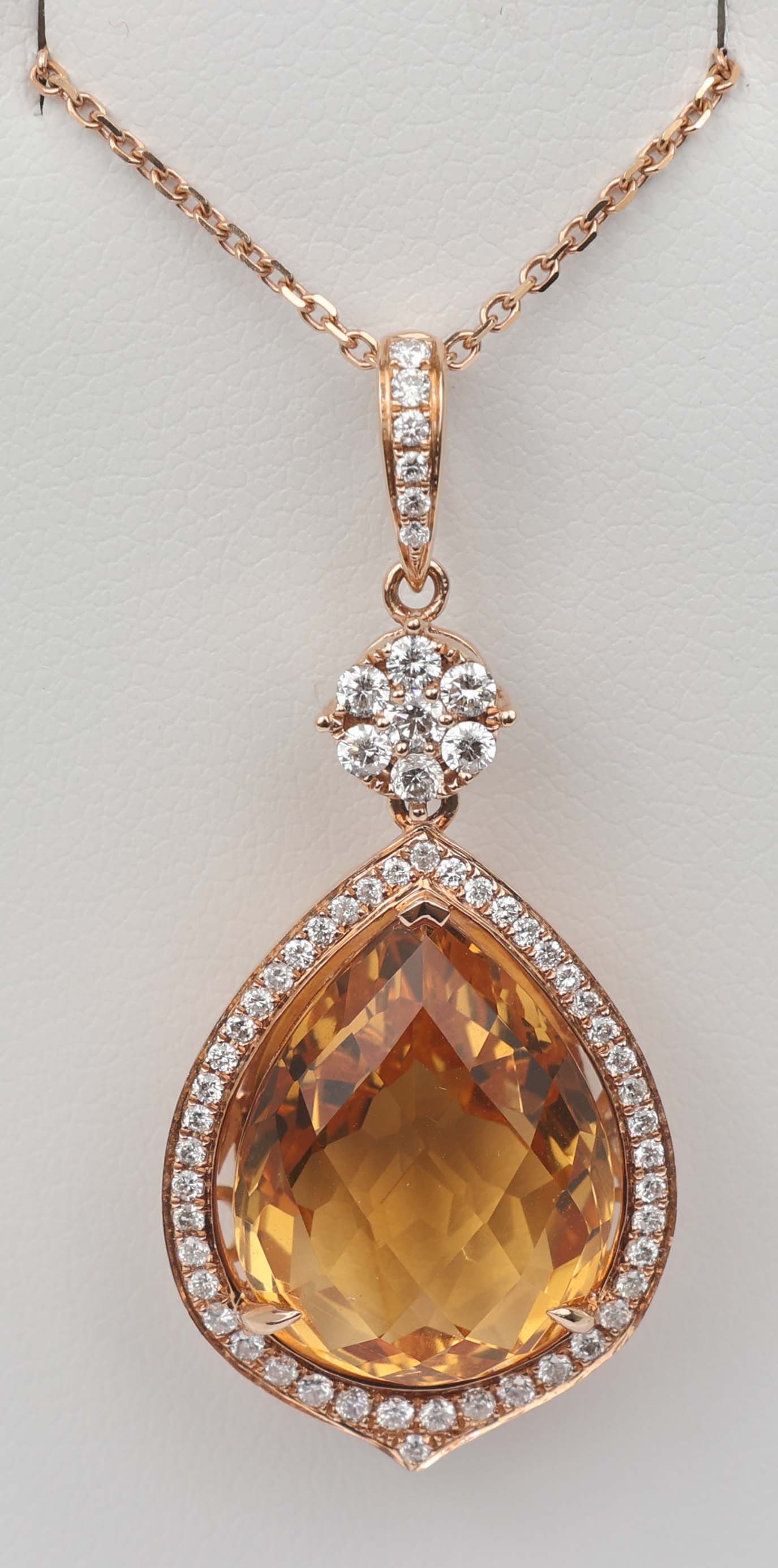 18K PENDANT DIAMOND & CITRINE: 18k Yellow Gold Pendant Diamond and Citrine. 59 round diamonds .40 ct total, one citrine 8.27 ct. Length: 16" Chain Weight: 7.0 grams Must be paid by Certified Check, money order, or wire