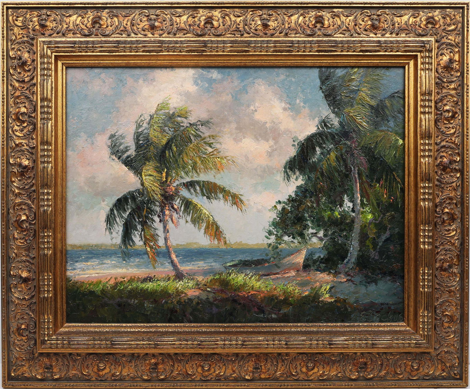 A.E. BACKUS FLORIDA ARTIST SHORLINE TRANQUILITY: Backus, Albert Ernest "Beanie" (1906 - 1990) Indian River School, founder of the Highwaymen movement - Florida Hall of Fame Artist. Oil on Orange peel Upson - signed lower right. Executed in full pale