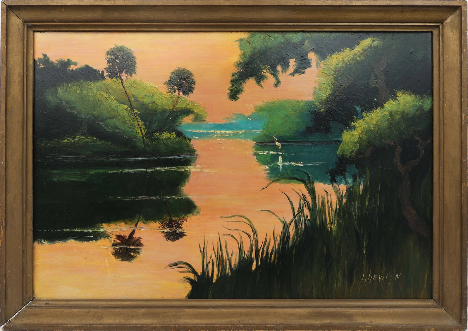 LEMUEL NEWTON FLORIDA HIGHWAYMEN ORANGE RIVER: Newton, Lemuel (1950-2014) Florida Highwaymen Painting. Oil on Upson - signed lower right. Executed in palette knife. This luminous river scene captures the quiet drama of nature through a warm orange