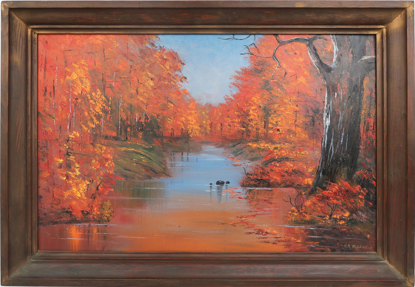 R.A. MCLENDON FLORIDA HIGHWAYMEN PEEKSKILL NY: McLendon, R.A. “Roy” (1932-2024) Florida Highwaymen Painting. Oil on Upson - signed lower right. Executed in Palette Knife upon a brushed field. McLendon captures an autumn mountain scape