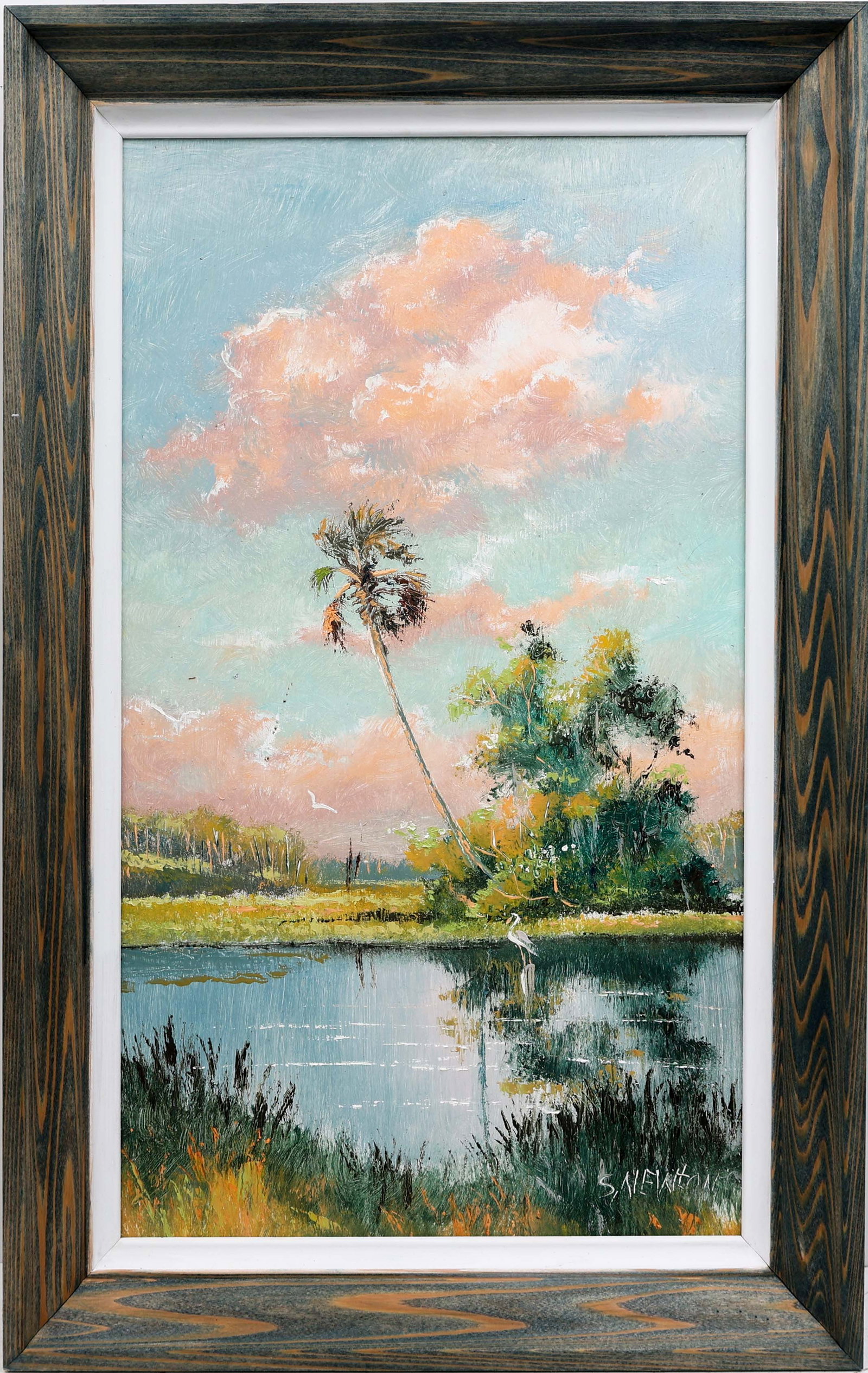 SAM NEWTON FLORIDA HIGHWAYMEN COTTON CANDY CLOUDS: Newton, Samuel (B.1948) Florida Highwaymen Painting. Oil on Masonite - signed lower right. Executed with brush and palette knife. Cotton-candy clouds drift across a light-blue sky as the river winds b
