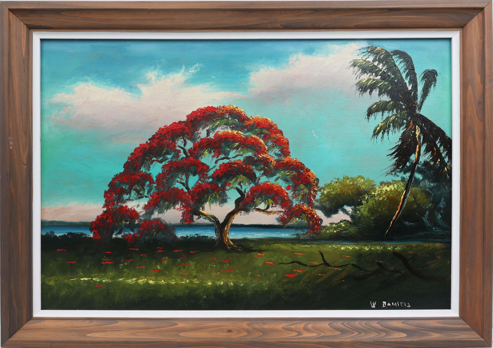 WILLIE DANIELS FLORIDA HIGHWAYMEN POINCIANA PALM: Daniels, Willie (1950-2021) Florida Highwaymen Painting. Oil on Upson - signed lower right and verso with photos attached. Executed in Pallet Knife. A radiant red poinciana anchors the composition, it