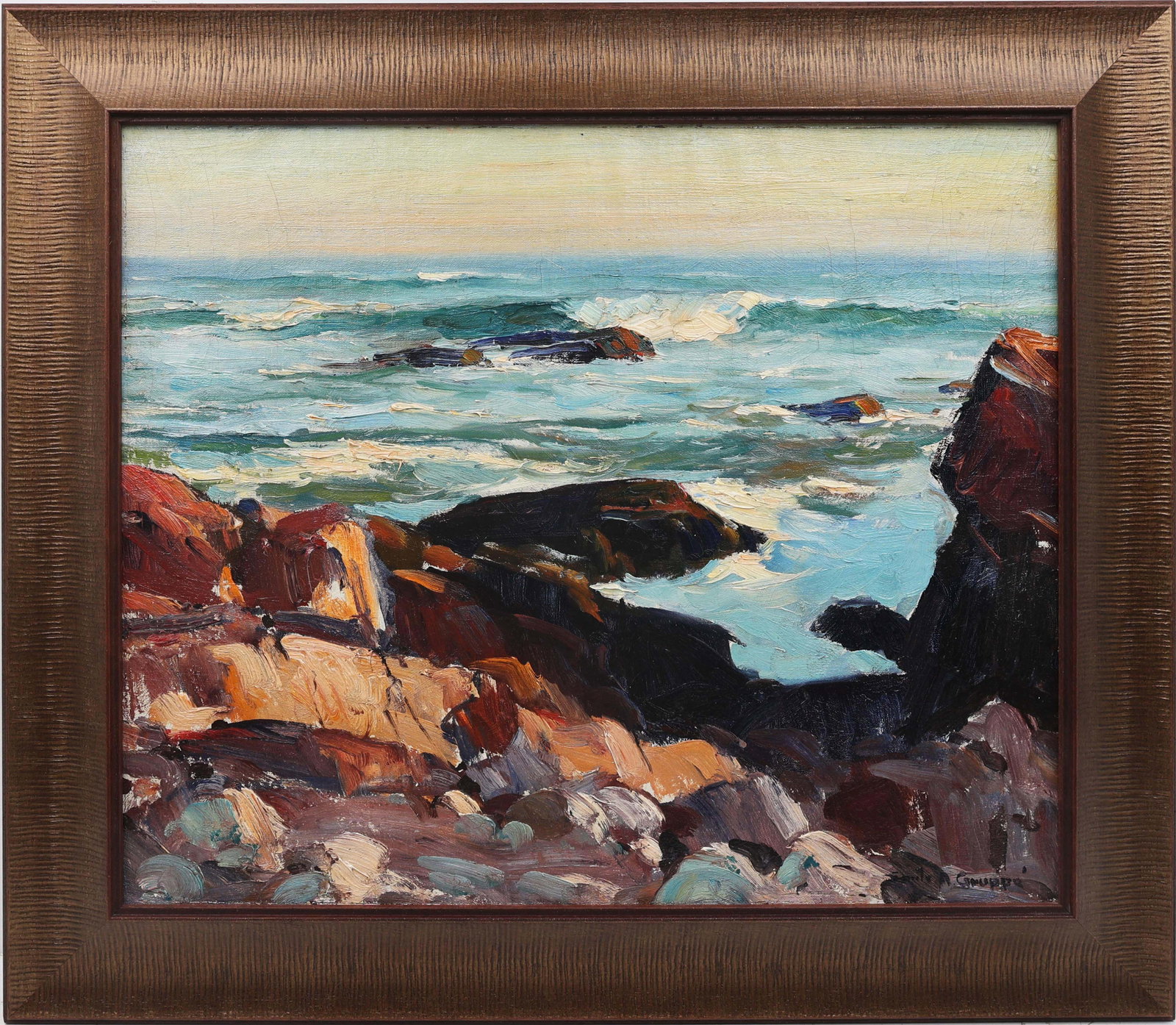EMILE GRUPPE FLORIDA ARTIST NEW ENGLAND COASTLINE: Gruppe, Emile Albert (1896-1978) Painting. Oil on Canvas - signed lower right. Executed in brush. A seascape of the rocky New England coast bursts to life through heavy, expressive paint application.