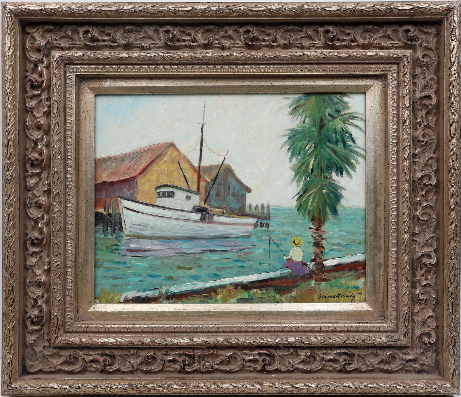 EMMET FRITZ FLORIDA ARTIST FISHING OFF THE DOCK: Fritz, Emmet (American, 1917-1995). Oil on Masonite - signed lower right. Executed in brush. A shrimp boat rests beside two weathered fish shacks, anchoring the composition in working-waterfront reali