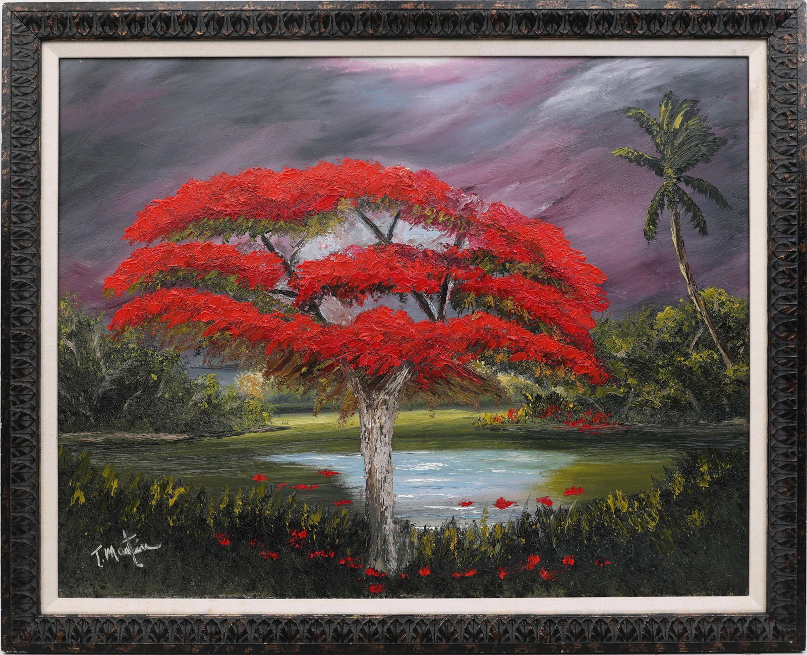 TODD MARTIN FLORIDA ARTIST POINCIANA IN FULL BLOOM: Martin, Todd - Florida Artist Painting. Oil on Masonite - signed lower left. Executed with brush and palette knife. A massive Poinciana erupts in full bloom, its fiery canopy set against a sky washed