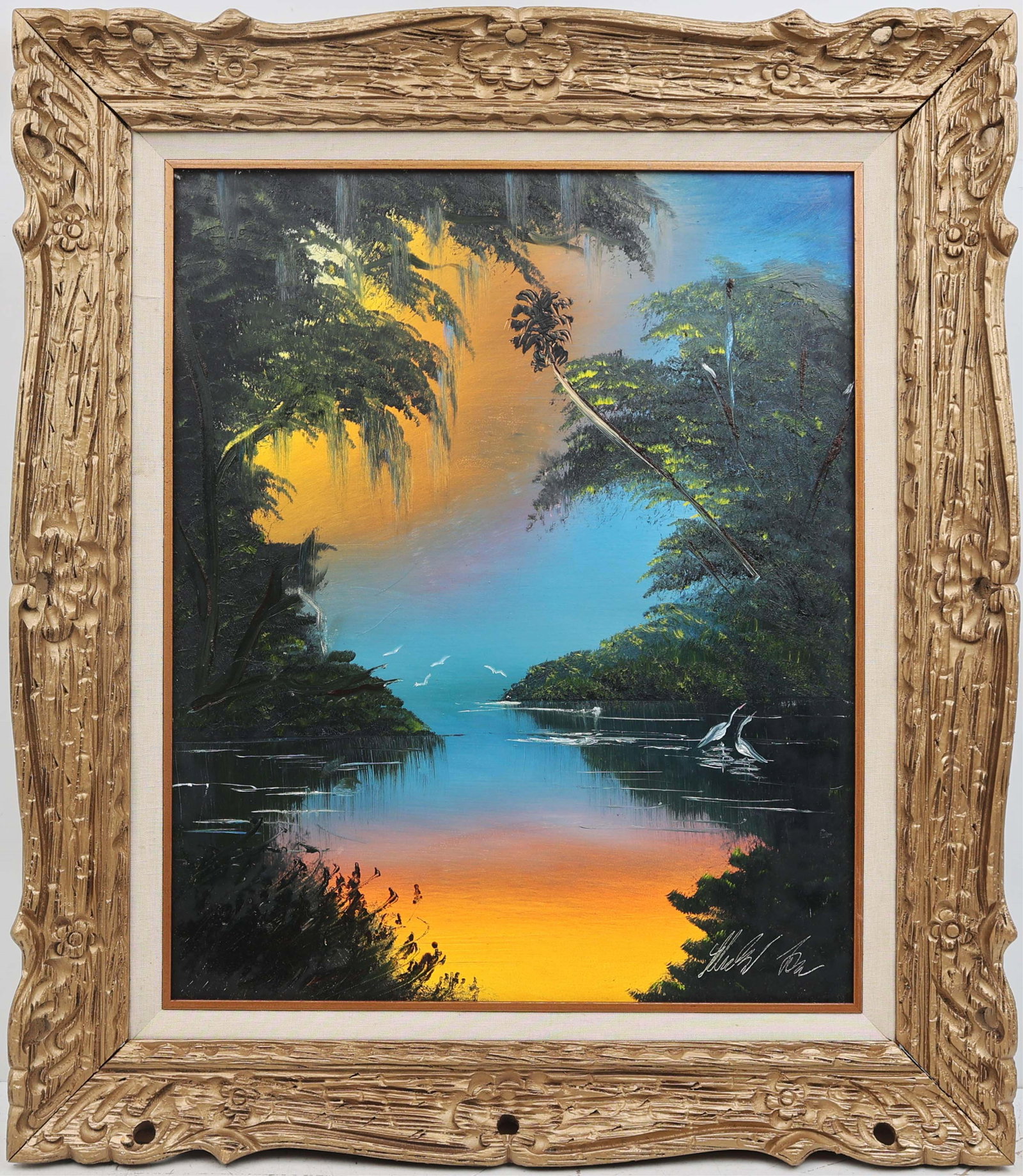 MICHAEL LOVE FLORIDA ARTIST RIVER MIRROR: Love, Michael - Florida Artist Painting. Oil on Masonite - signed lower right and verso. Executed in brush. A vibrant sweep of deep blue and orange sky ignites the Florida river, its mirrored surface