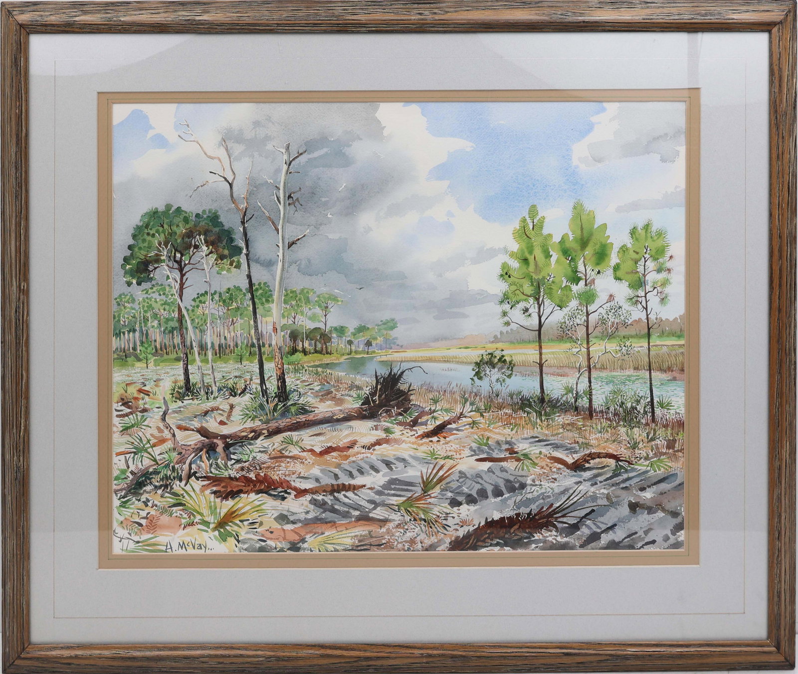 HARRY MCVAY FLORIDA ARTIST WATERCOLOR ROLLED CHOP: McVay, Harry (B. 1947) Florida Artist Painting. Watercolor on paper - signed lower left. Executed in brushwork. Along the river’s edge, untouched nature unfolds in a dialogue between decay and r