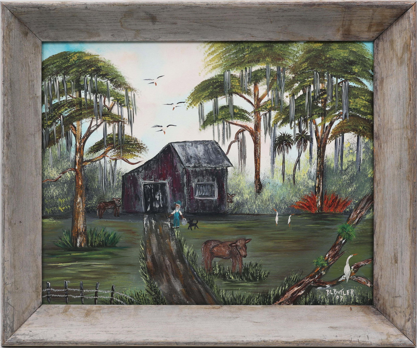B.L. BUTLER FLORIDA ARTIST FOLK ART SCENE: B.L. Butler - Florida Artist Painting. Oil on canvas - signed lower right. Executed in brush. This Florida folk art tableau centers on a weathered swamp house, its humble geometry anchoring the compos