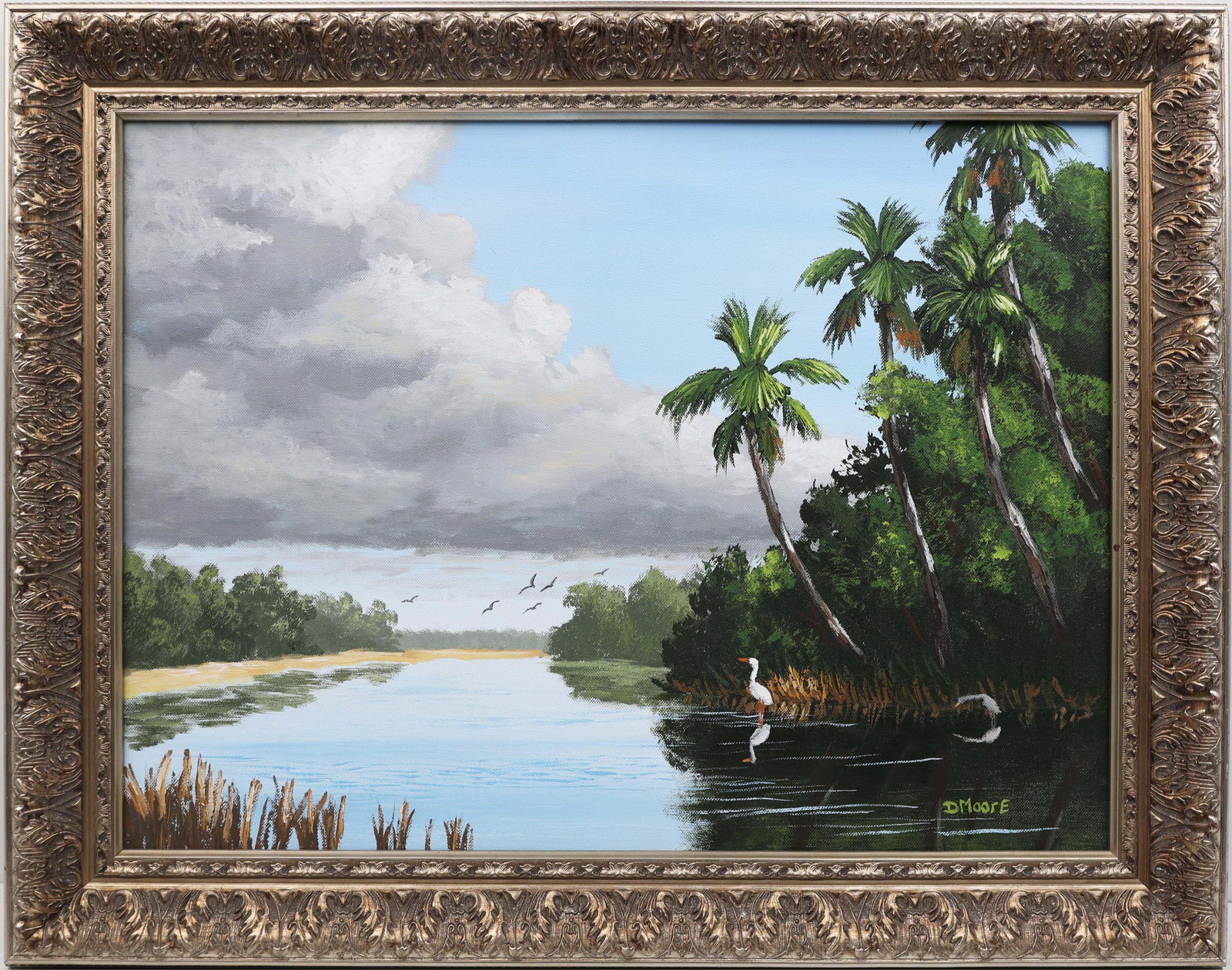 DOUGLAS MOORE FLORIDA ARTIST CLOUDY RIVER SCENE: Moore, Douglas - Florida Artist Painting. Oil on canvas - signed lower right. Executed in brush. This painting captures a quintessential Florida river landscape, where dense, emerald foliage frames a