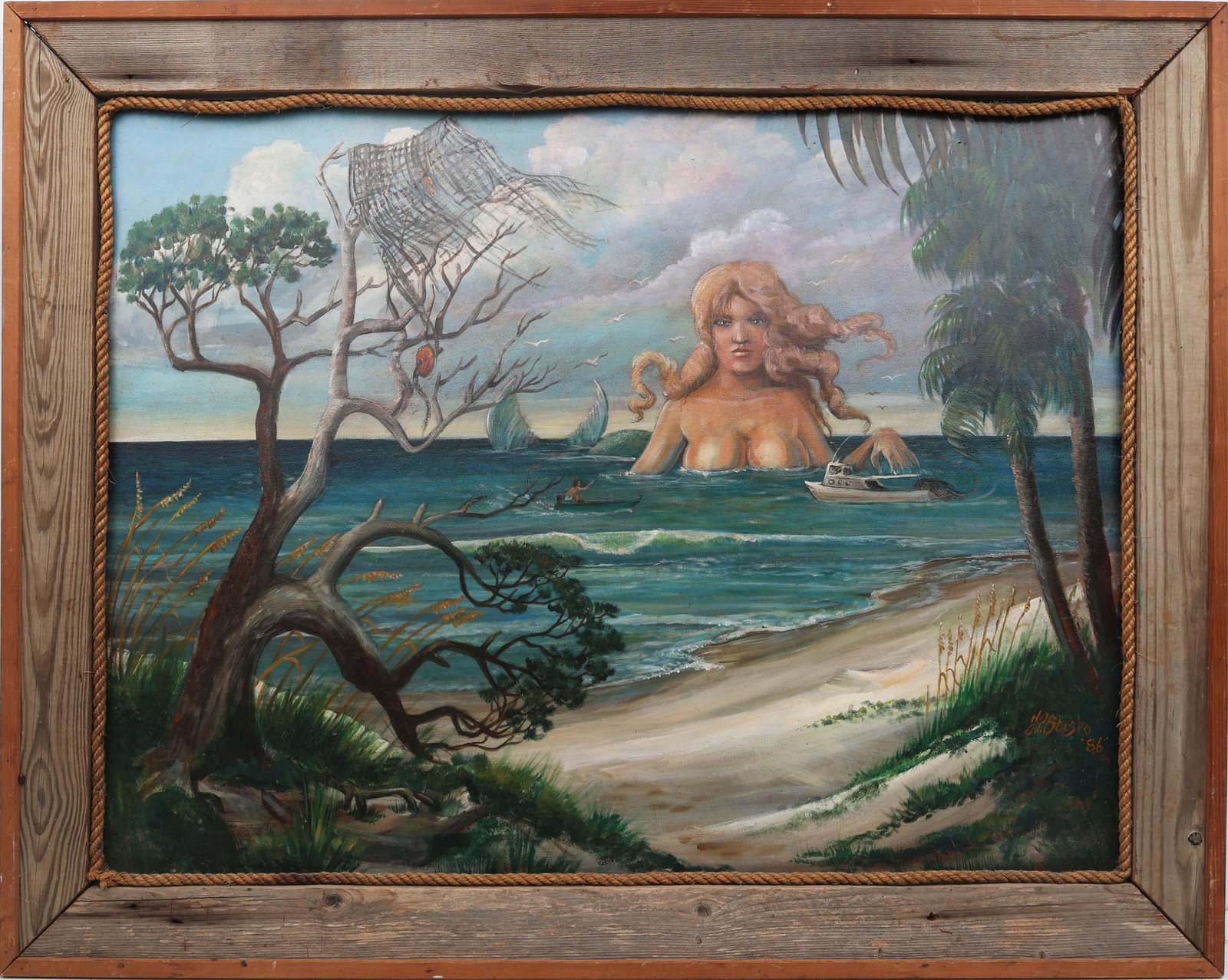 J.P. STASKO FLORIDA ARTIST PAINTING MERMAID: Stasko, J.P. - Florida Artist Painting. Oil on canvas - signed lower right "86. Executed in bush. A giant mermaid rises from the ocean’s surface, her monumental form anchoring a scene alive