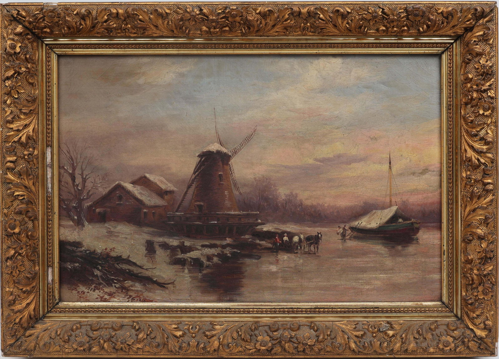 MARY K BARTLETT WINTER ON THE LYS HOLLAND 1888: Bartlett, Mary K - Original Painting. Oil on Canvas - signed lower left and verso. Dated Jan 25 1888. In this Dutch winter landscape, a riverside windmill rises above a nice-locked river where