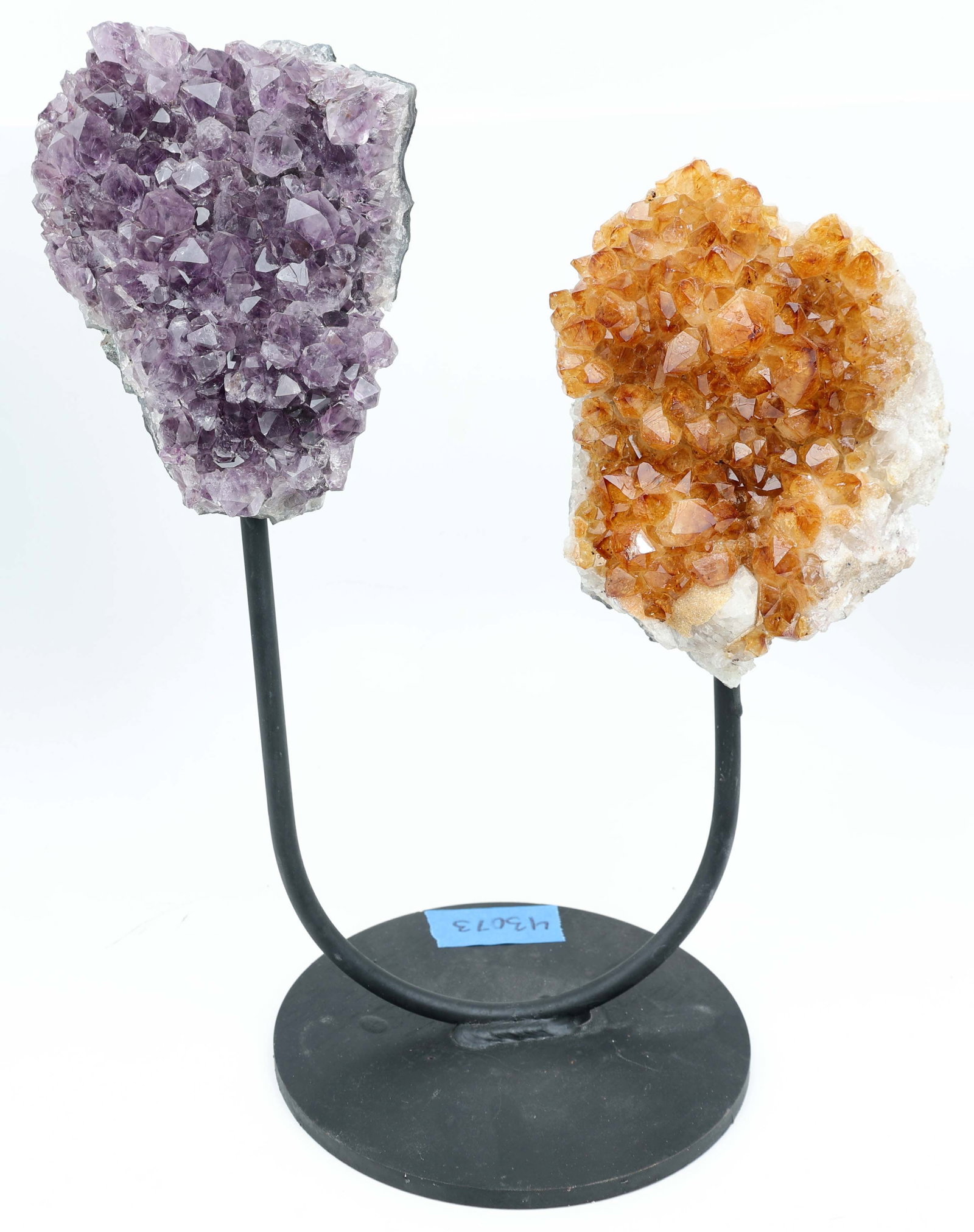AMETHYST & CITRINE DUO CRYSTALS ON STAND: Beautiful Crystal Duo of Amethyst & Citrine on stand from Uruguay or Brazil 12"T x 10"W Condition: Very Fine