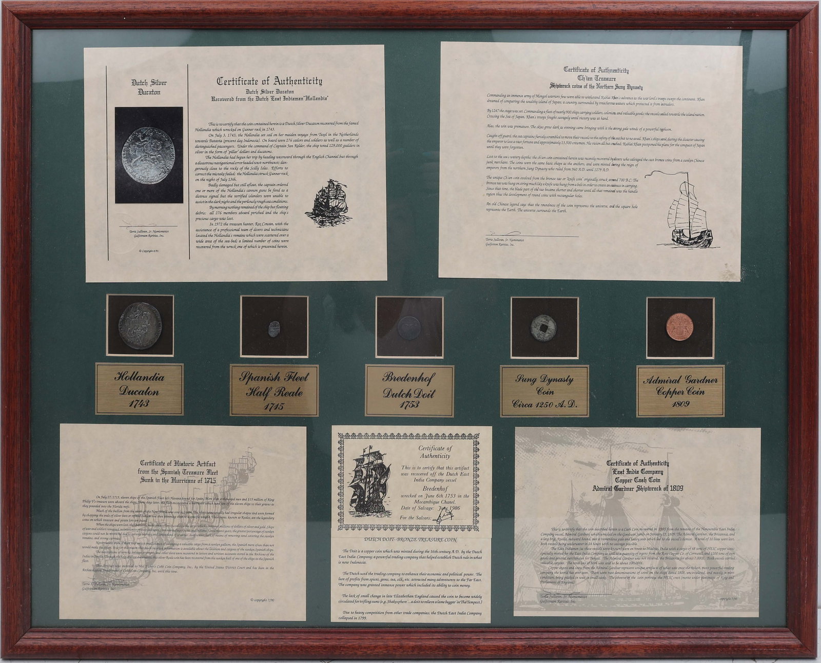FRAMED SHIPWRECK COIN COLLECTION: To Include: Dutch East Indiaman Hollandia Ducaton 1743 Northern Sung Dynasty Coin 1250 A.D Spanish Treasure Fleet Half Reale 1715Dutch East India Company Bredenhof Dutch Doit 1753 East India Company