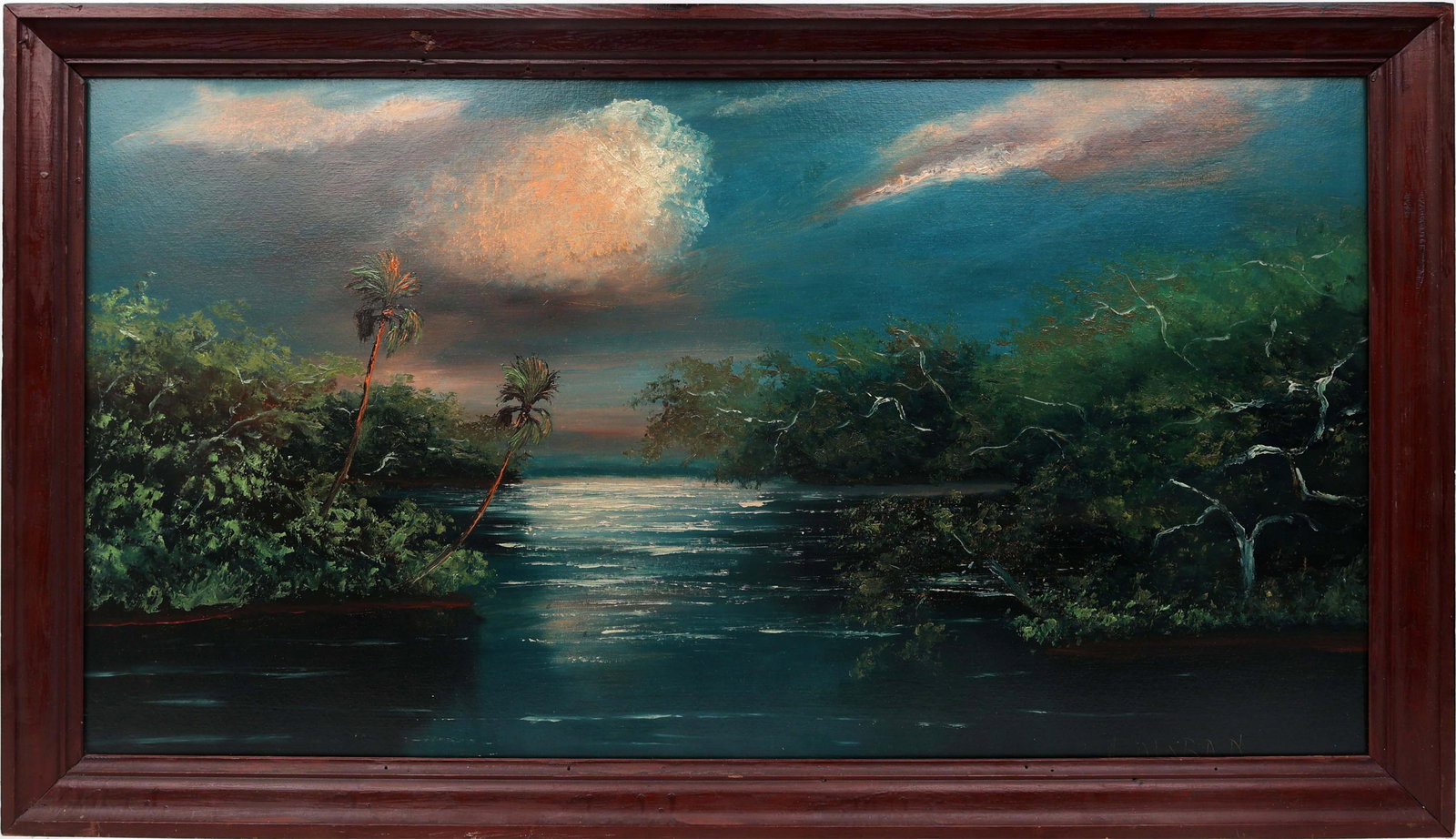ALPHONSO MORAN FLORIDA HIGHWAYMEN MASTERPIECE: Moran, Alfonso Alfonzo Alphonso “Poncho” (1930-2003) Florida Highwaymen Painting. Oil on orange peel Upson - signed lower right. Executed in pallet knife. This exceptionally scarce painting by