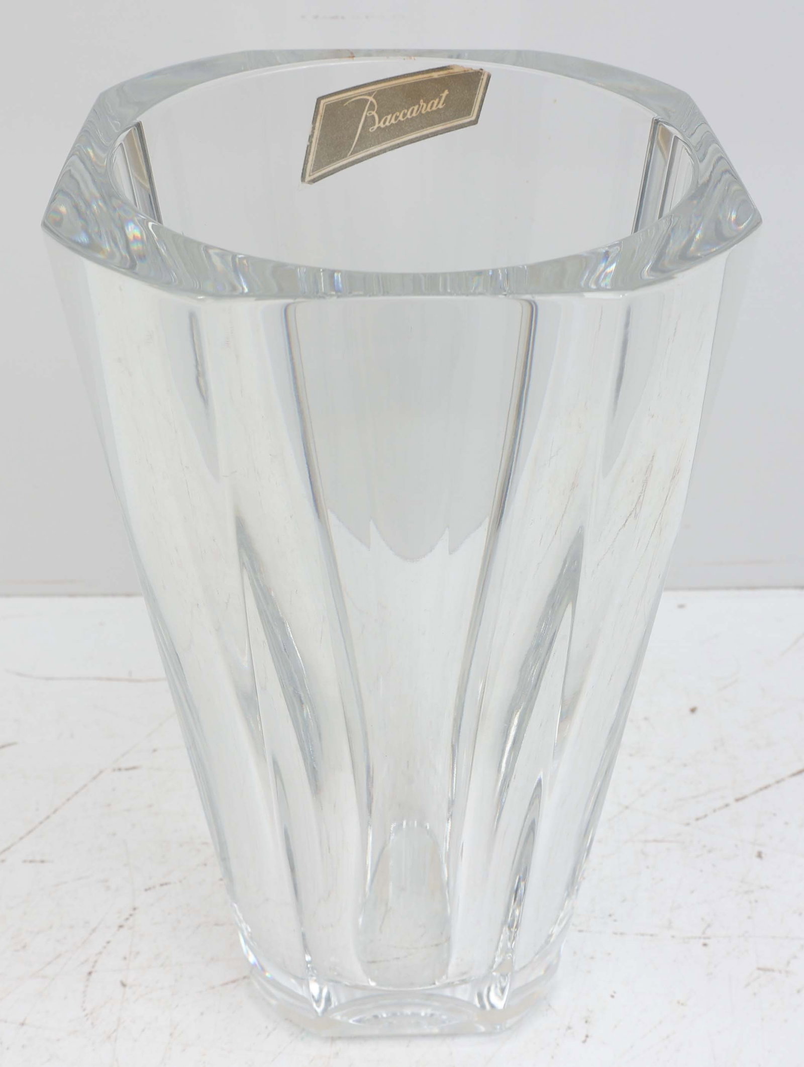 BACCARAT LARGE VASE DIANE: Maker: Baccarat Pattern: Diane Height: 10 inches Markings: Acid-etched Baccarat hallmark to base & Sticker *Local Pickup or Third Party Shipping ONLY* Condition: Very Fine