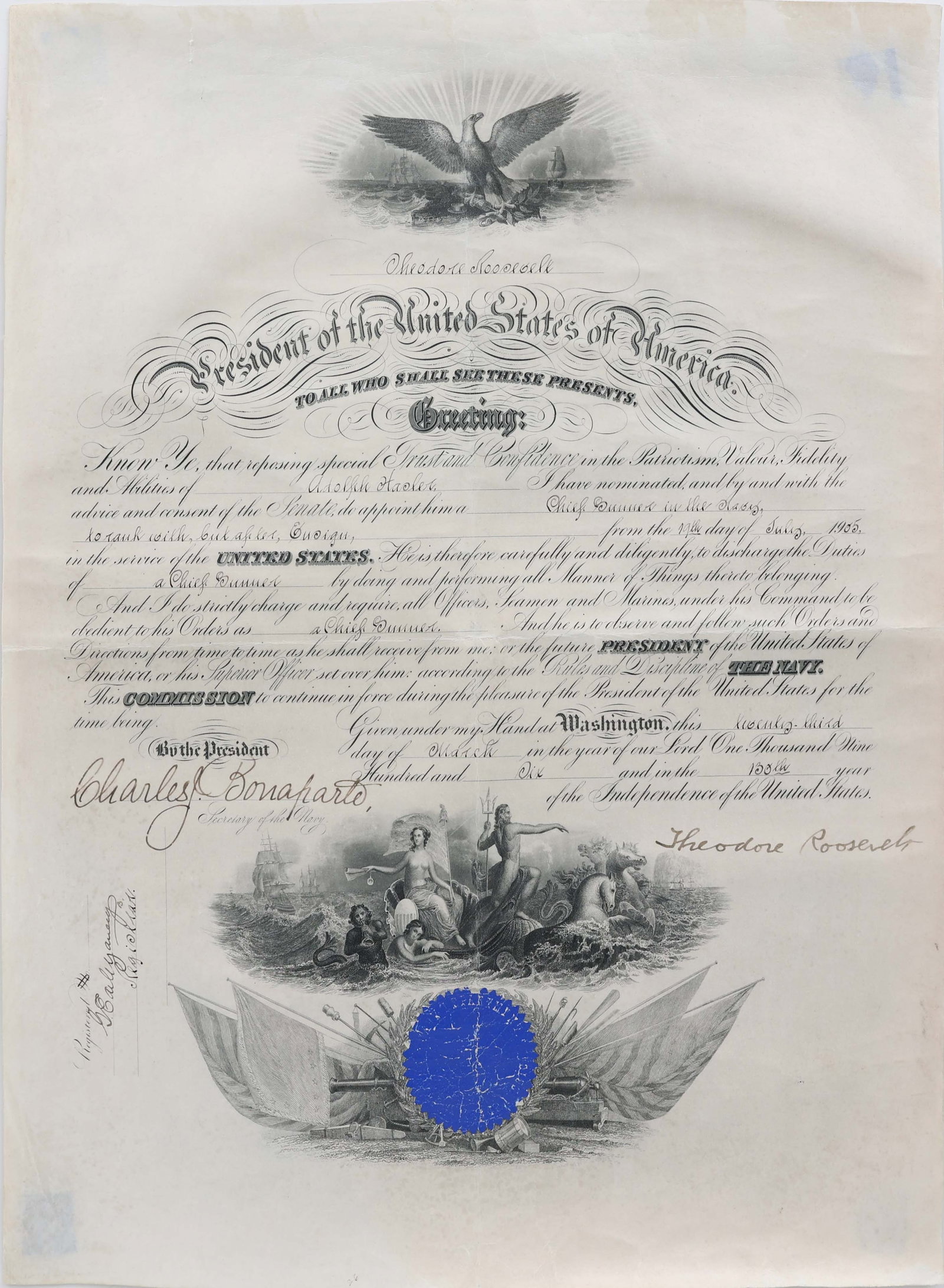 THEODORE ROOSEVELT NAVY DOCUMENT CHIEF GUNNER (1 of 3)