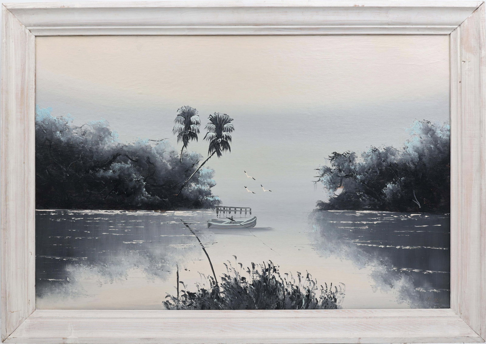 AL BLACK FLORIDA HIGHWAYMEN SHADES OF GRAY: Black, Albert “Blood” (1947-2025) Florida Highwaymen Painting. Oil on Upson - signed lower right 79. Executed in brush. A pale gray sky dissolves seamlessly into its reflection on the wate