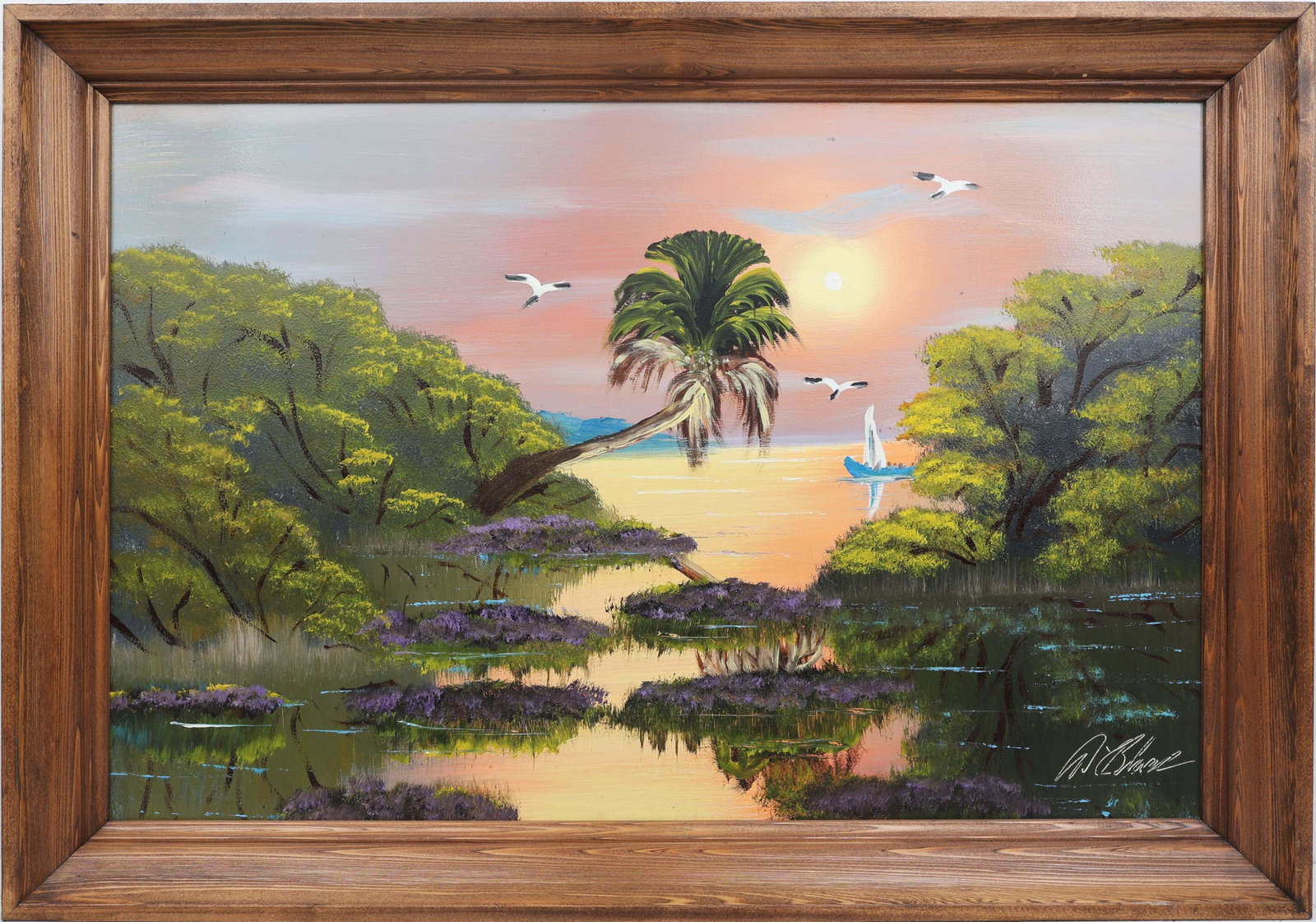 AL BLACK FLORIDA HIGHWAYMEN PURPLE HYACINTHS: Black, Albert “Blood” (1947-2025) Florida Highwaymen Painting. Oil on Masonite - signed lower right. Executed in brush. Evening light spreads a yellow-orange glow across the river, its war