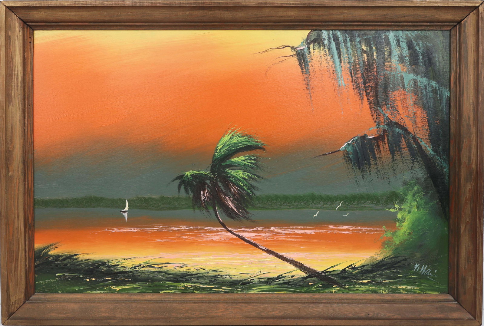 ALFRED HAIR FLORIDA HIGHWAYMEN FIRE SKY: Hair, Alfred (1941-1970) Florida Artist Painting. Oil on Upson - signed lower right. Executed in knife. Alfred Hair ignites the painting with a fire sky crescendo, his signature bravura strokes pushin