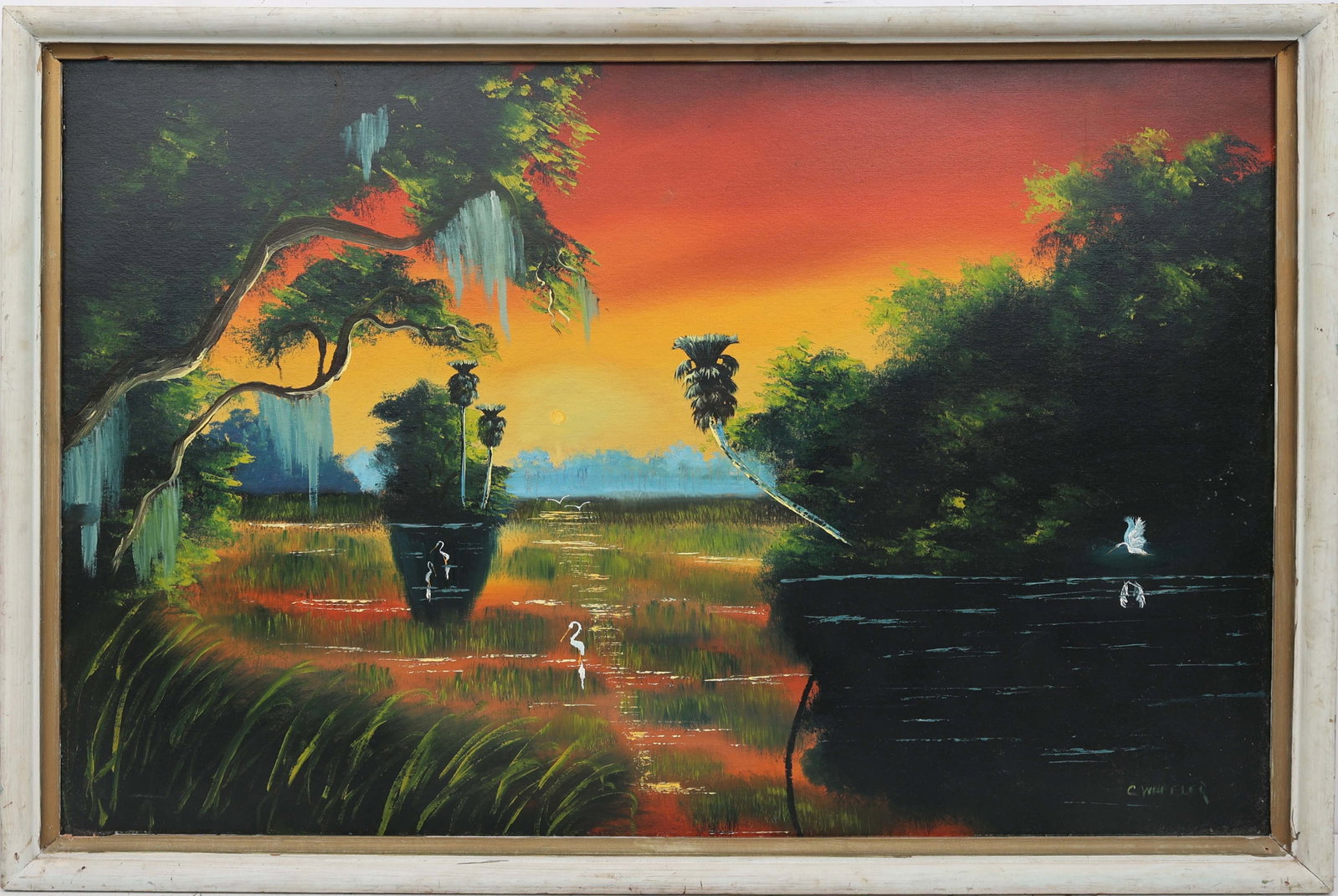 CHICO WHEELER FLORIDA HIGHWAYMEN RED RIVER TROPIC: Wheeler, Charles “Chico” (1946-2019) Florida Highwaymen Painting. Oil on Upson - signed lower right. Executed in brush and palette knife. Wheeler crafts a surreal inlet vision washed in a 