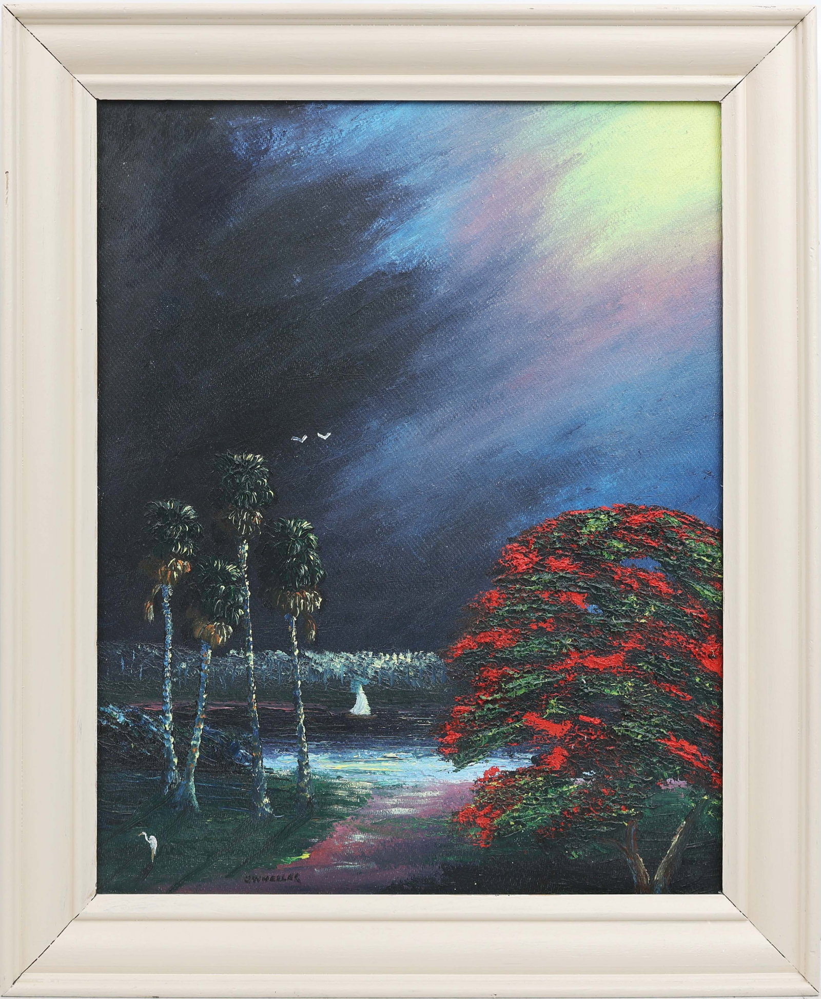 CHICO WHEELER FLORIDA HIGHWAYMEN NIGHTTIME SAIL: Wheeler, Charles “Chico” (1946-2019) Florida Highwaymen Painting. Oil on Masonite - signed lower left. Executed with brush and palette knife. The sky is rendered with a chalk-soft brillian