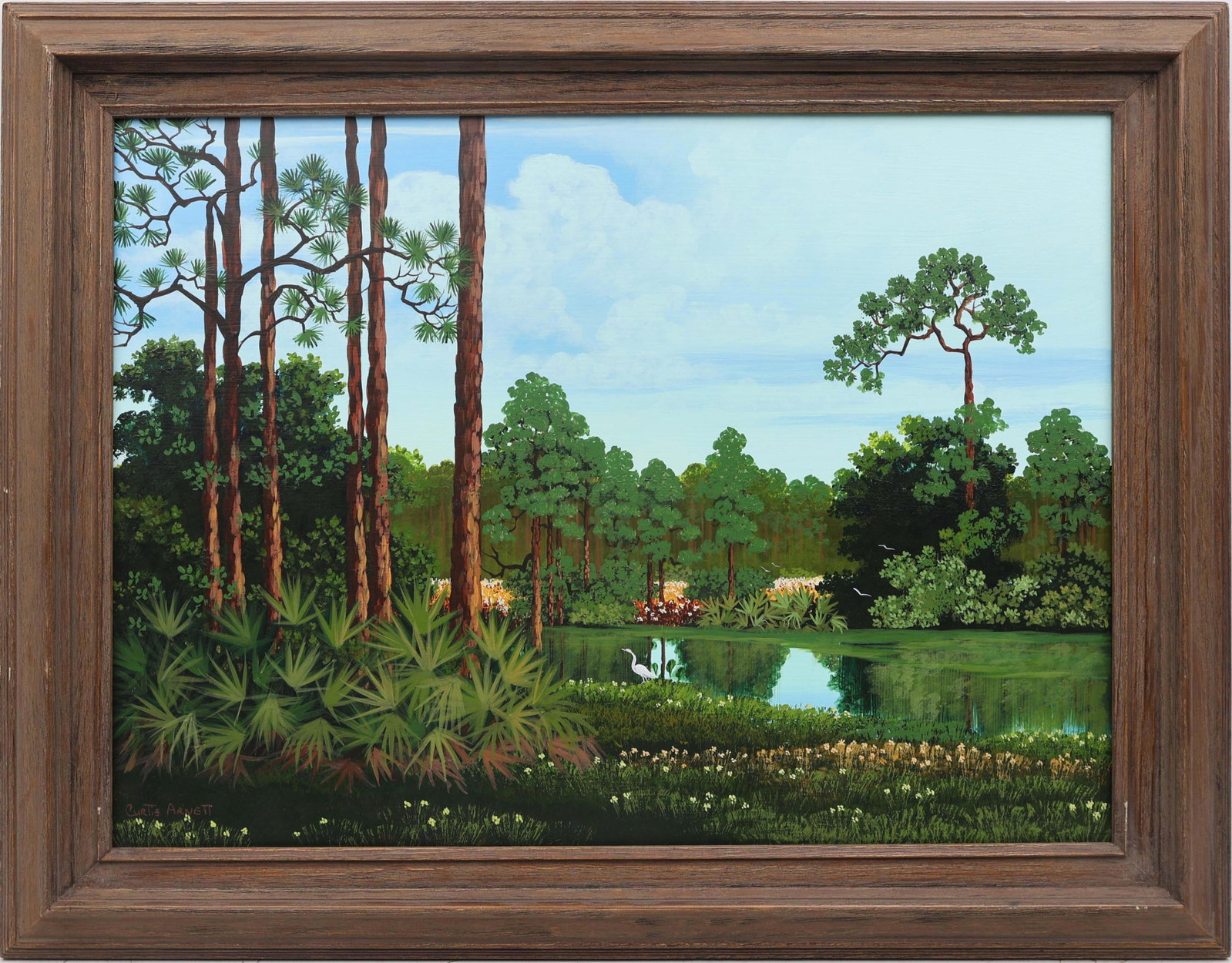 CURTIS ARNETT FLORIDA HIGHWAYMEN MADISON GROVE: Arnett, Curtis (B.1950) Florida Highwaymen Painting. Oil on Masonite - signed lower left. Executed in brush. A pine forest opens around a mirror-still lake, its edges brightened by wildflowers that le