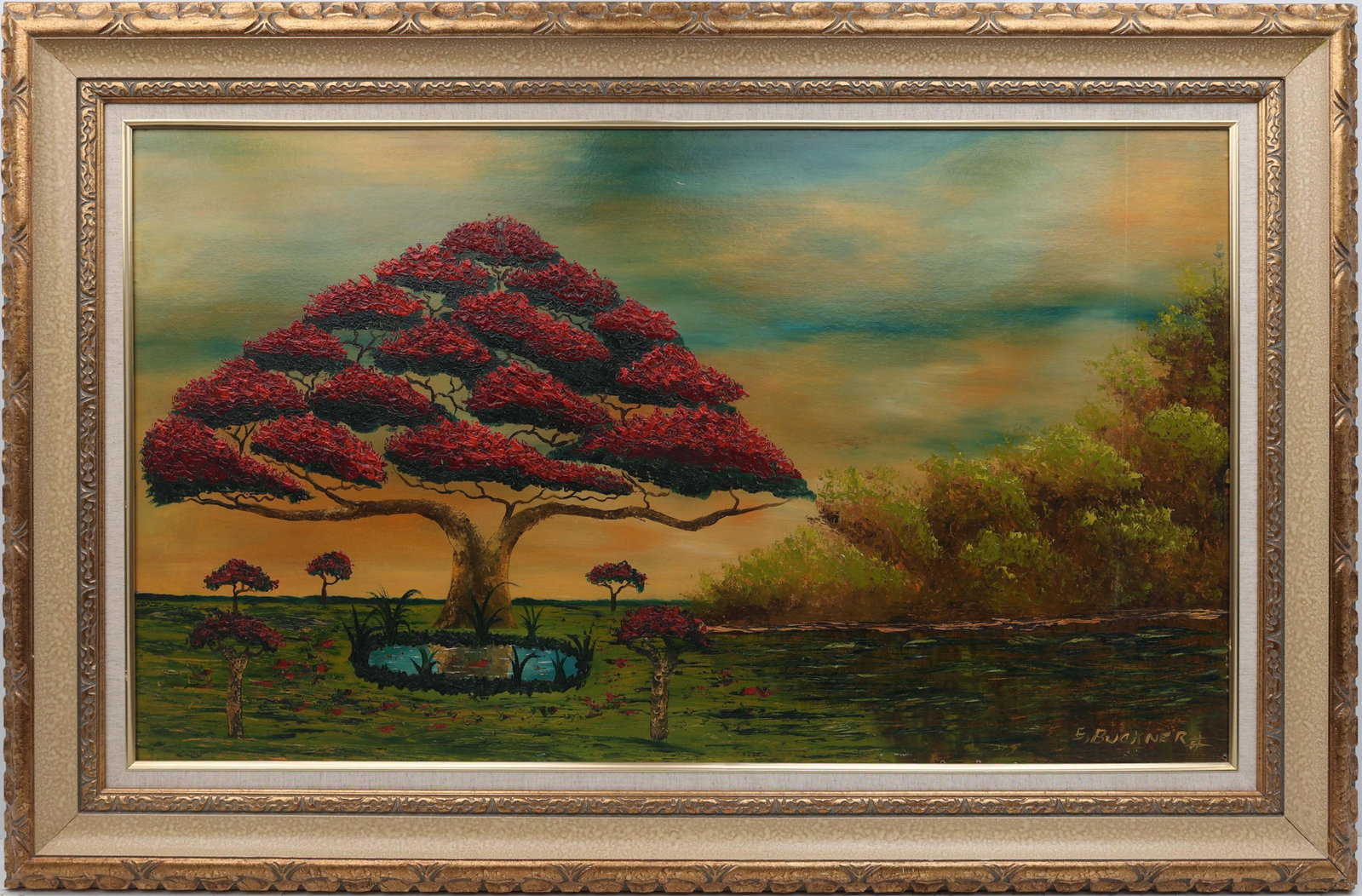ELLIS BUCKNER FLORIDA HIGHWAYMEN ROYAL POINCIANA: Buckner, Ellis (1943-1991) Florida Highwaymen Painting. Oil on orange peel Upson - signed lower right. Executed in pallet knife. This early Ellis Buckner painting offers a rare glimpse into the Florid