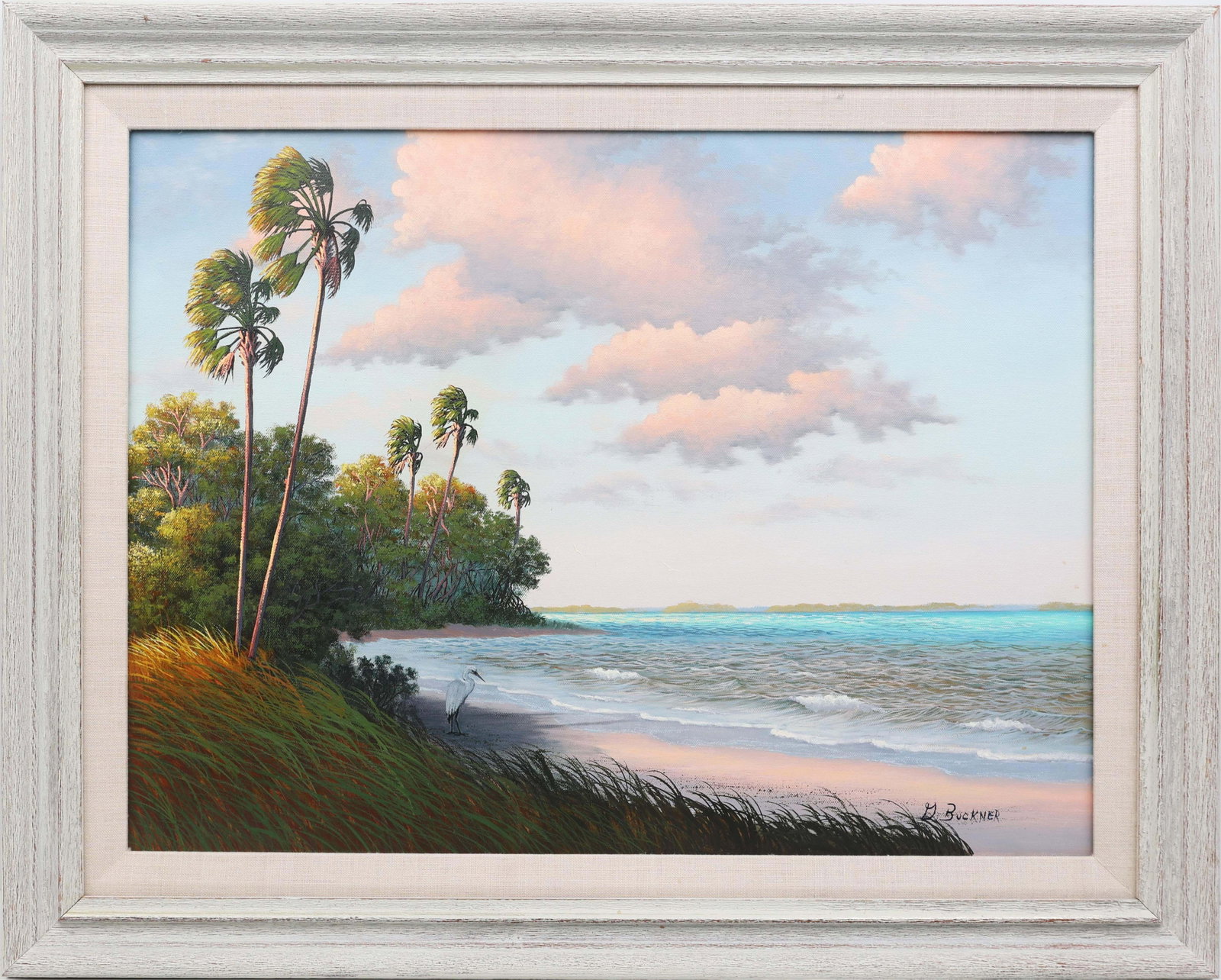 GEORGE BUCKNER FLORIDA HIGHWAYMEN MASTERPIECE: Buckner, George (1942-2002) Florida Highwaymen Painting. Oil on Canvas - signed lower right. Executed in brush. George Buckner’s composition unfurls beneath billowing cumulus clouds rendered wit