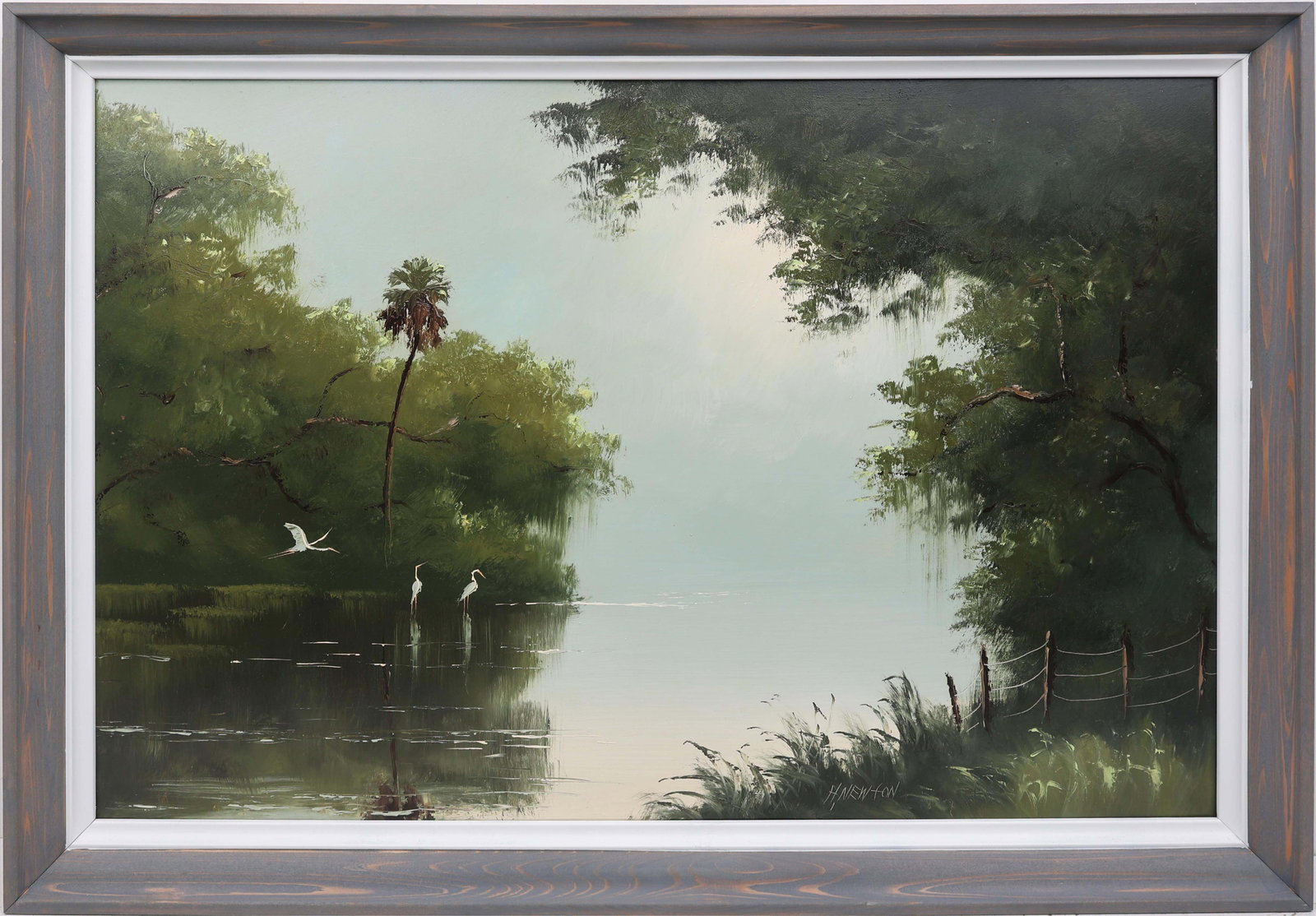 HAROLD NEWTON FLORIDA HIGHWAYMEN OCEANS MEETING: Newton, Harold (1934-1994) Florida Highwaymen Painting. Oil on Transitional Masonite - signed lower right. Harold Newton’s vision of Fort Pierce’s river mouth becomes uniquely seamless, th