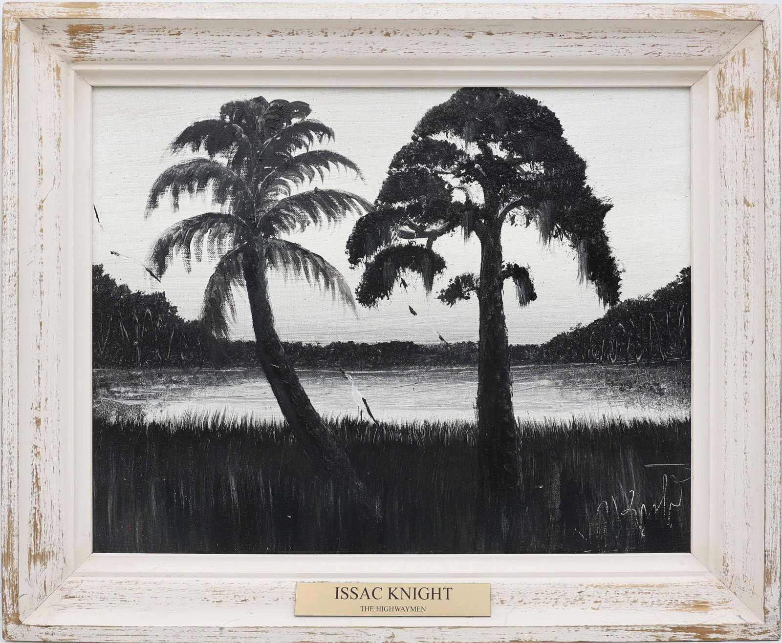 ISAAC KNIGHT FLORIDA HIGHWAYMEN TWIN PALMS: Knight, "Issac" Isaac (1942-2022) Florida Highwaymen Painting. Oil on Canvas Board - signed lower right and verso. Executed in brush. Knight’s black-and-white twin-palm study becomes a playful r