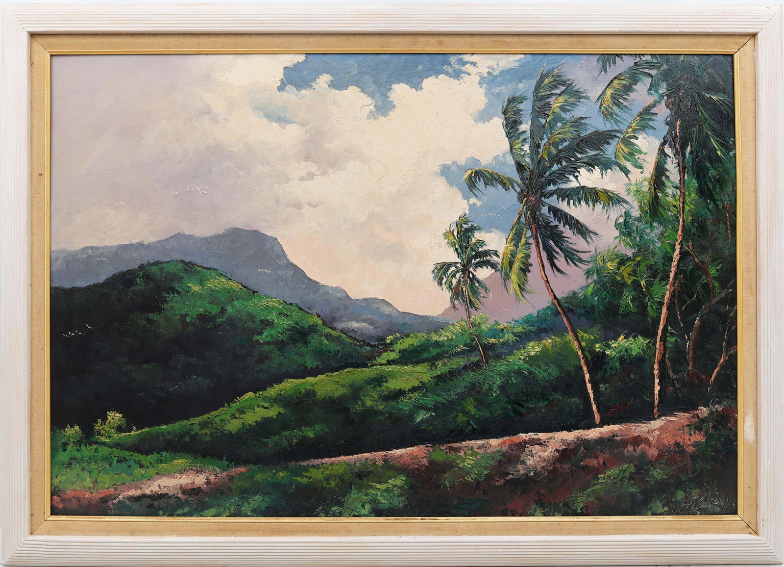JAMES GIBSON FLORIDA HIGHWAYMEN JAMAICAN MOUNTAINS: Gibson, James (1938-2017) Florida Highwaymen Painting. Oil on Masonite - signed lower right. Executed in Knife. Gibson’s rare Jamaican landscape reveals his distinct voice within the Highwaymen 