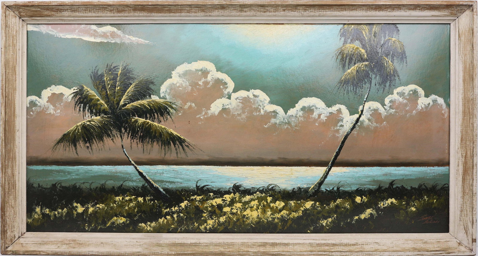 JAMES GIBSON FLORIDA HIGHWAYMEN DANCING PALMS: Gibson, James (1938-2017) Florida Highwaymen Painting. Oil on Orange Peel Upson - signed lower right. Executed in full palette knife. A rare full signature Gibson in very early large-format. The visio