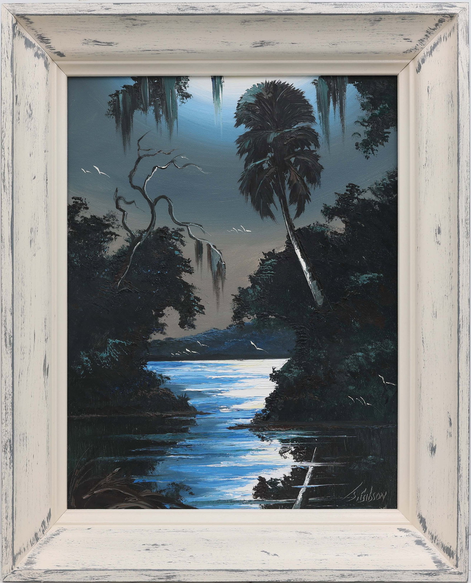 JAMES GIBSON FLORIDA HIGHWAYMEN MIDNIGHT SERENADE: Gibson, James (1938-2017) Florida Highwaymen Painting. Oil on Canvas - signed lower right. Executed in brush and palette. Moonlight glides across the brilliant blue waterway, its cool glow becoming th
