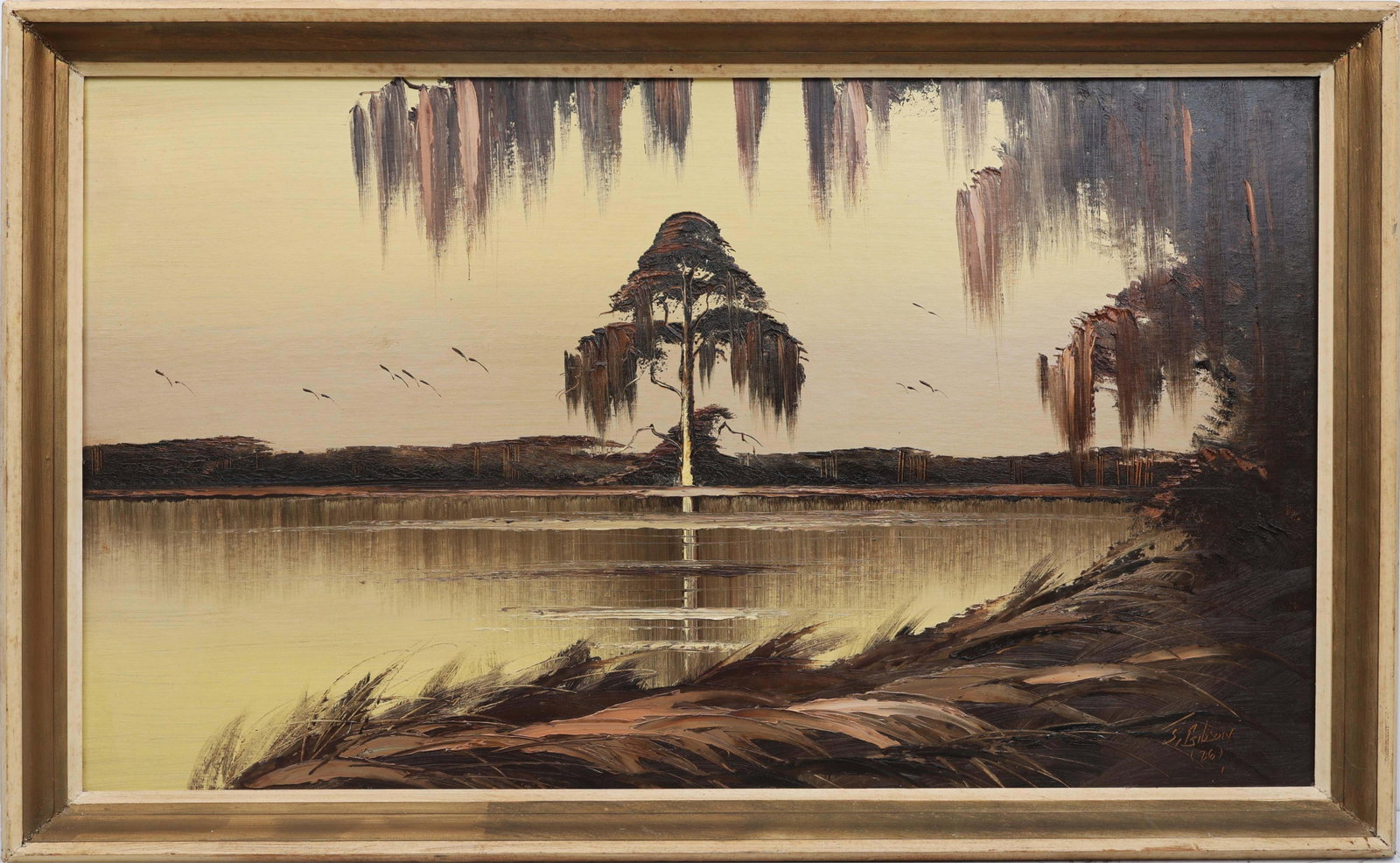 JAMES GIBSON FLORIDA HIGHWAYMEN UMBRIFEROUS SEPIA: Gibson, James (1938-2017) Florida Highwaymen Painting. Oil on Upson - signed lower right 86. Executed in palette knife upon a field of brushstrokes. Gibson shapes a sepia tone cypress wetland with an 