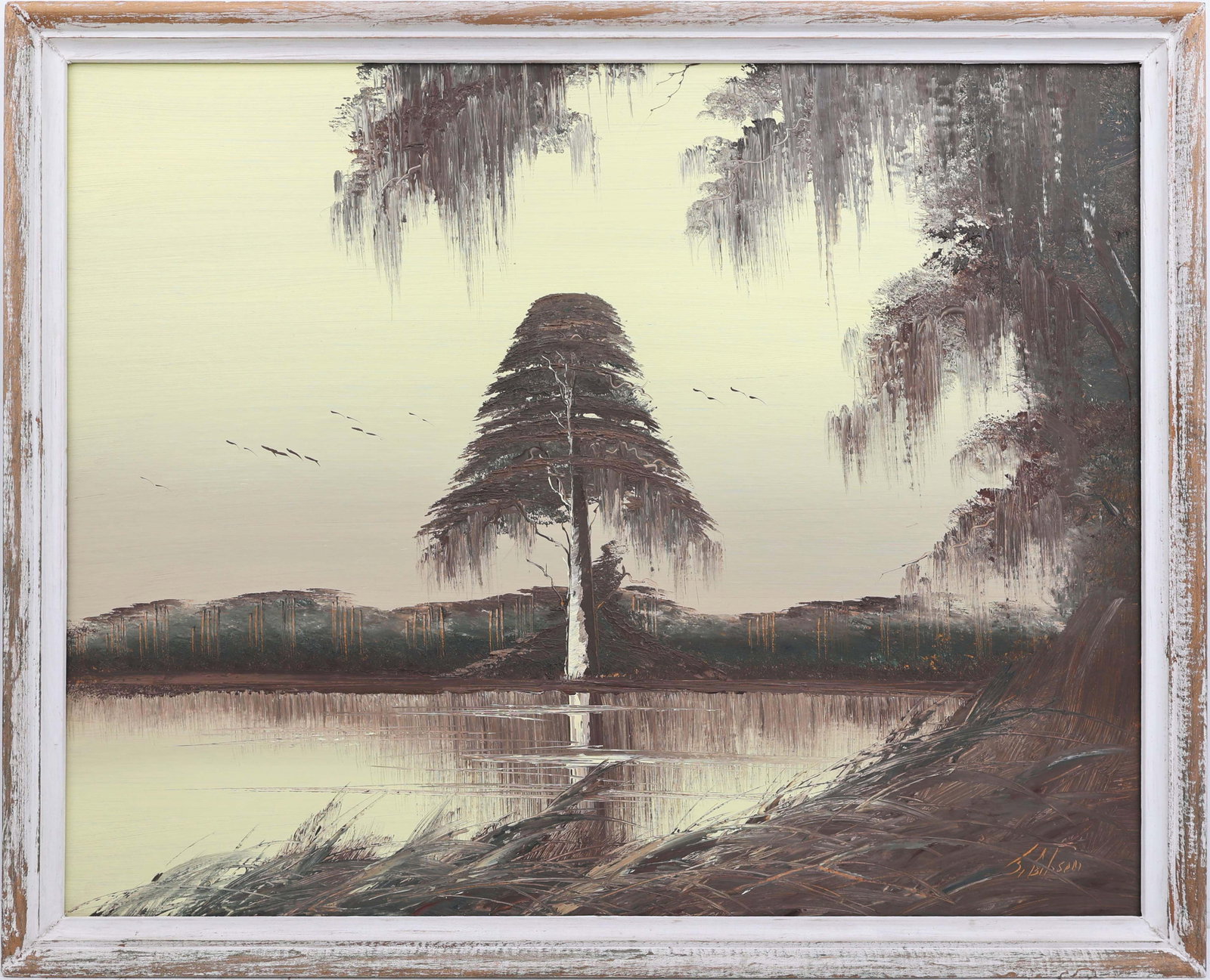 JAMES GIBSON FLORIDA HIGHWAYMEN GOLDEN SKY: Gibson, James (1938-2017) Florida Highwaymen Painting. Oil on Upson - signed lower right. Executed with brush and palette knife. The pale yellow sky casts a warm glow, mirrored in rippling water where