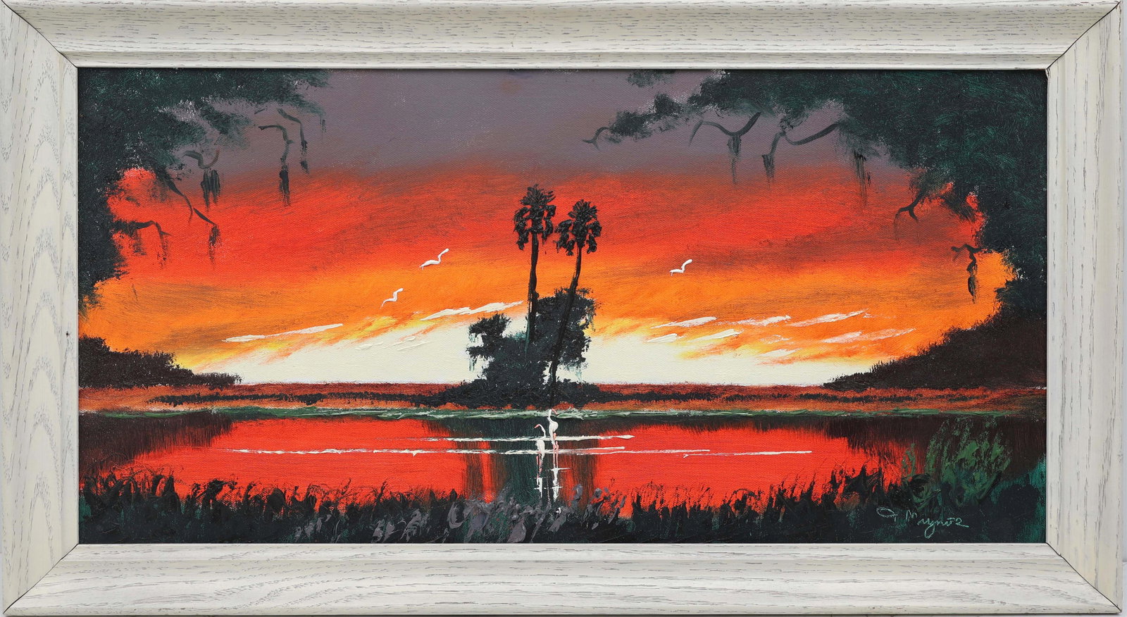 JOHN MAYNOR FLORIDA HIGHWAYMEN FIRE AND ICE: Maynor, John (1948-2016) Florida Highwaymen Painting. Oil on Canvas - signed lower right. Executed in brush and palette knife. A fire-sky blazes over a tropical wetland, its molten light framed by scu