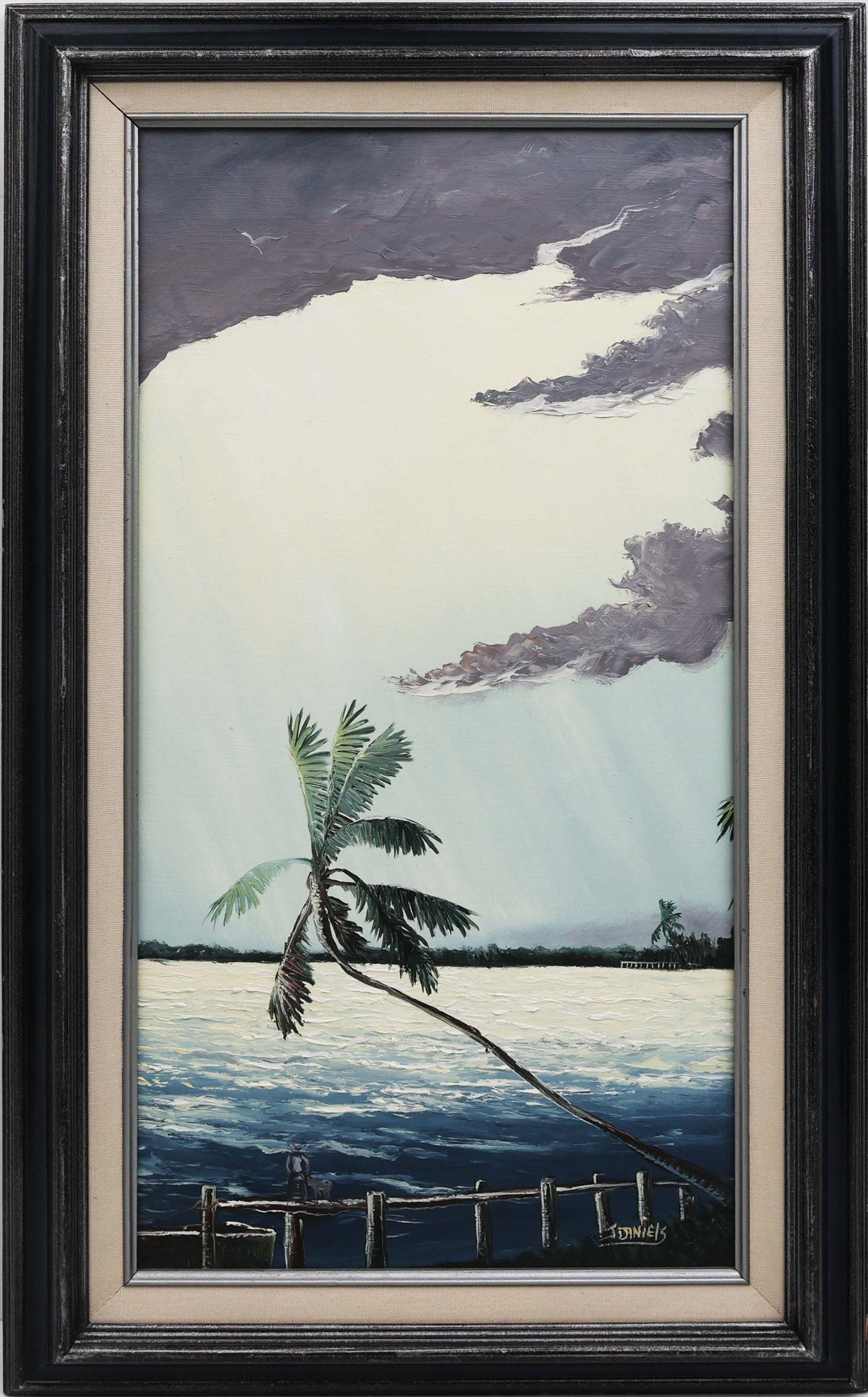 JOHNNY DANIELS FLORIDA HIGHWAYMEN ETERNAL MOMENT: Daniels, Johnny (1954-2009) Florida Highwaymen Painting. Oil on Masonite - signed lower right. Executed in brush and palette knife. Johnny Daniels’ “God Sky” erupts as a radiant sunb