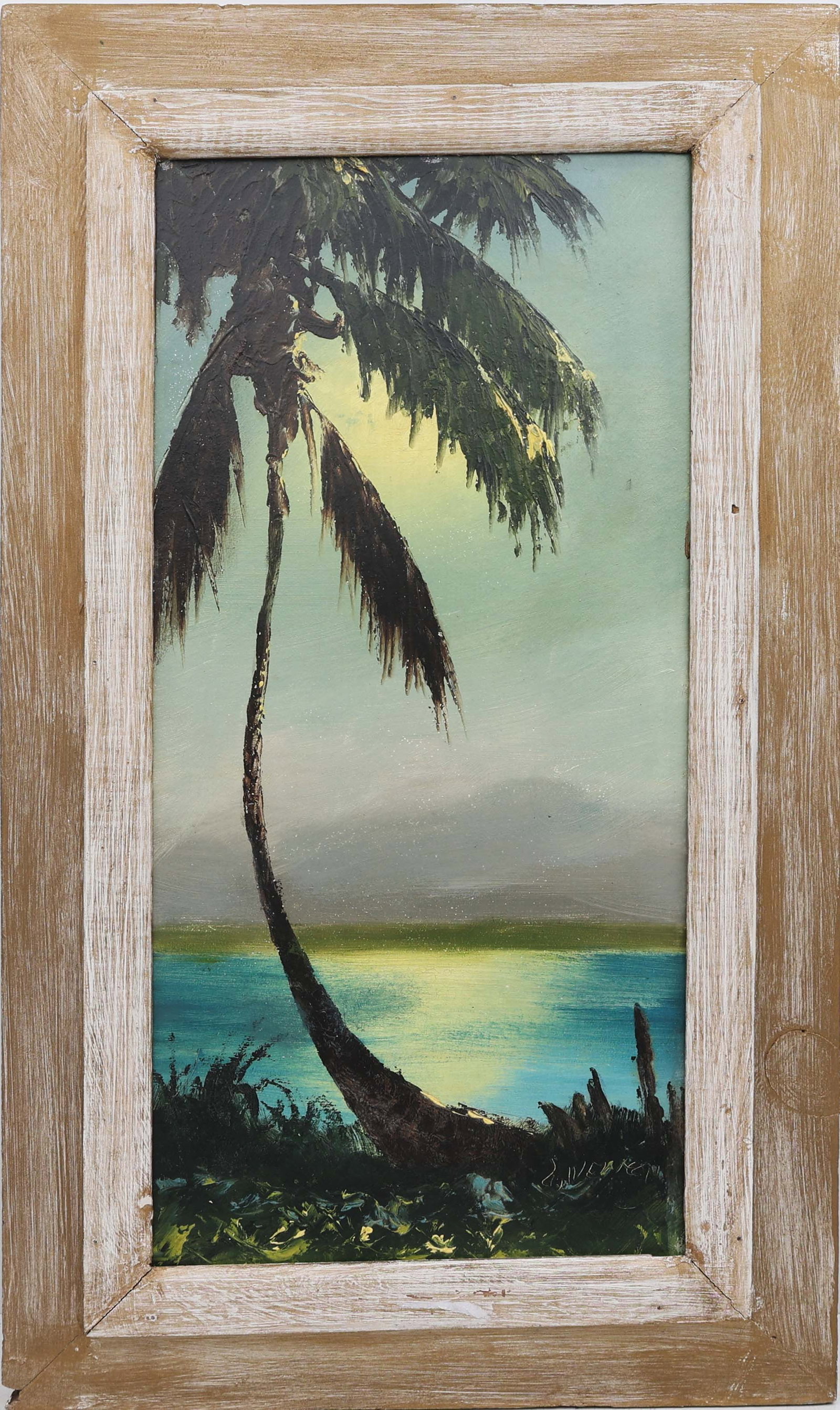 LEMUEL NEWTON FLORIDA HIGHWAYMEN HYPER PERSPECTIVE: Newton, Lemuel (1950-2014) Florida Highwaymen Painting. Oil on Masonite - signed lower right. Executed in palette knife. Hyper-perspective palm rises monumentally in the foreground, its shadow efflore