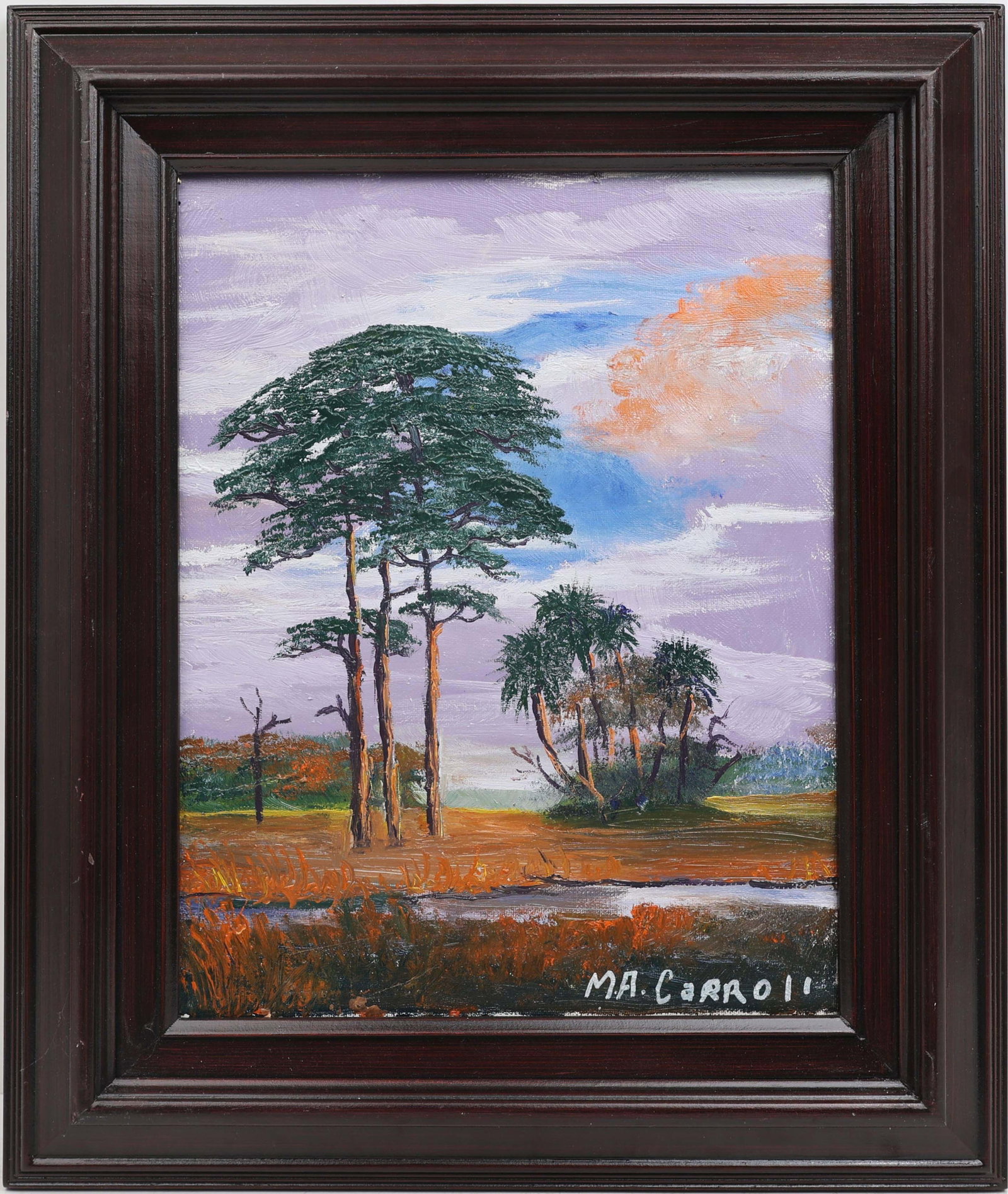 MARY ANN CARROLL FLORIDA HIGHWAYMEN MATRIARCH 2018: Carroll, Mary Ann (1940-2019) Florida Highwaymen Painting. Oil on Canvas - signed lower right and verso. Executed in brush. Mary Ann Carroll’s late-period wetland vignette unfolds beneath blue, 