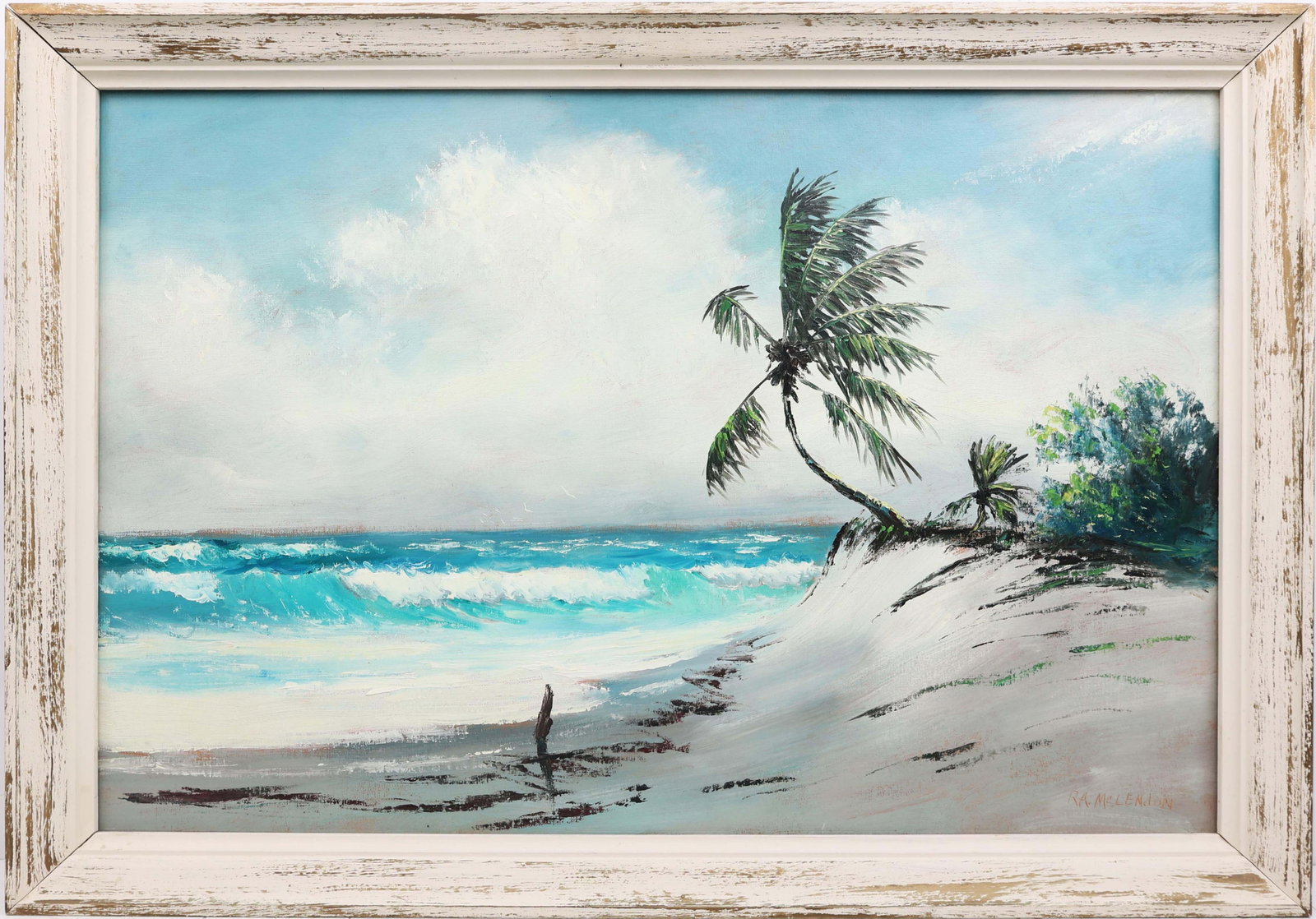 R.A. MCLENDON FLORIDA HIGHWAYMEN EARLY RIO MAR: McLendon, R.A. “Roy” (1932-2024) Florida Highwaymen Painting. Oil on Upson - signed lower right. Executed in brush and palette knife. north-facing Rio Mar dune with crisp coastal drama: a 
