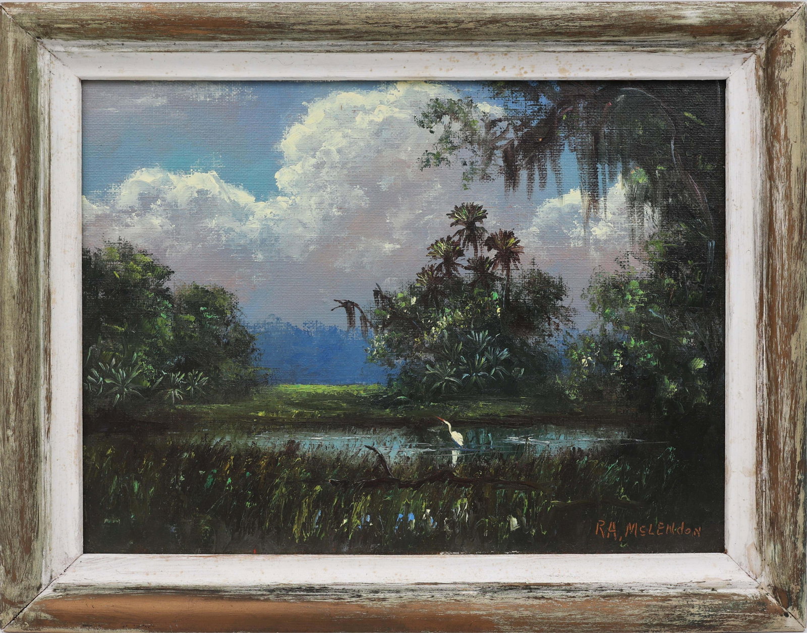 R.A. MCLENDON FLORIDA HIGHWAYMEN RIVER STUDY: McLendon, R.A. “Roy” (1932-2024) Florida Highwaymen Painting. Oil on Upson - signed lower right. Executed in palette and brush. R.A. McLendon distills the Highwaymen ethos into this small,