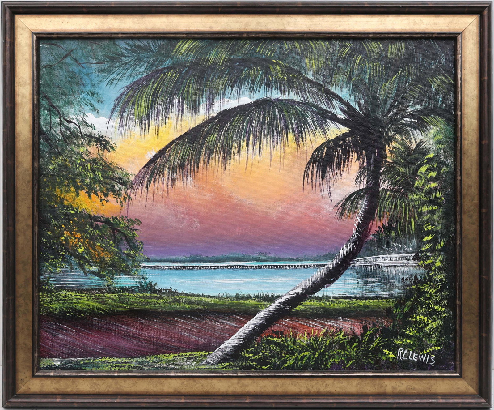 R.L. LEWIS FLORIDA HIGHWAYMEN OLD WABASSO BRIDGE: Lewis, R. L. “Robert” (1941-2026) Florida Highwaymen Painting. Oil on Canvas Board - signed lower right. Executed in brush and palette knife. Painting depicts the historic old Wabasso Brid