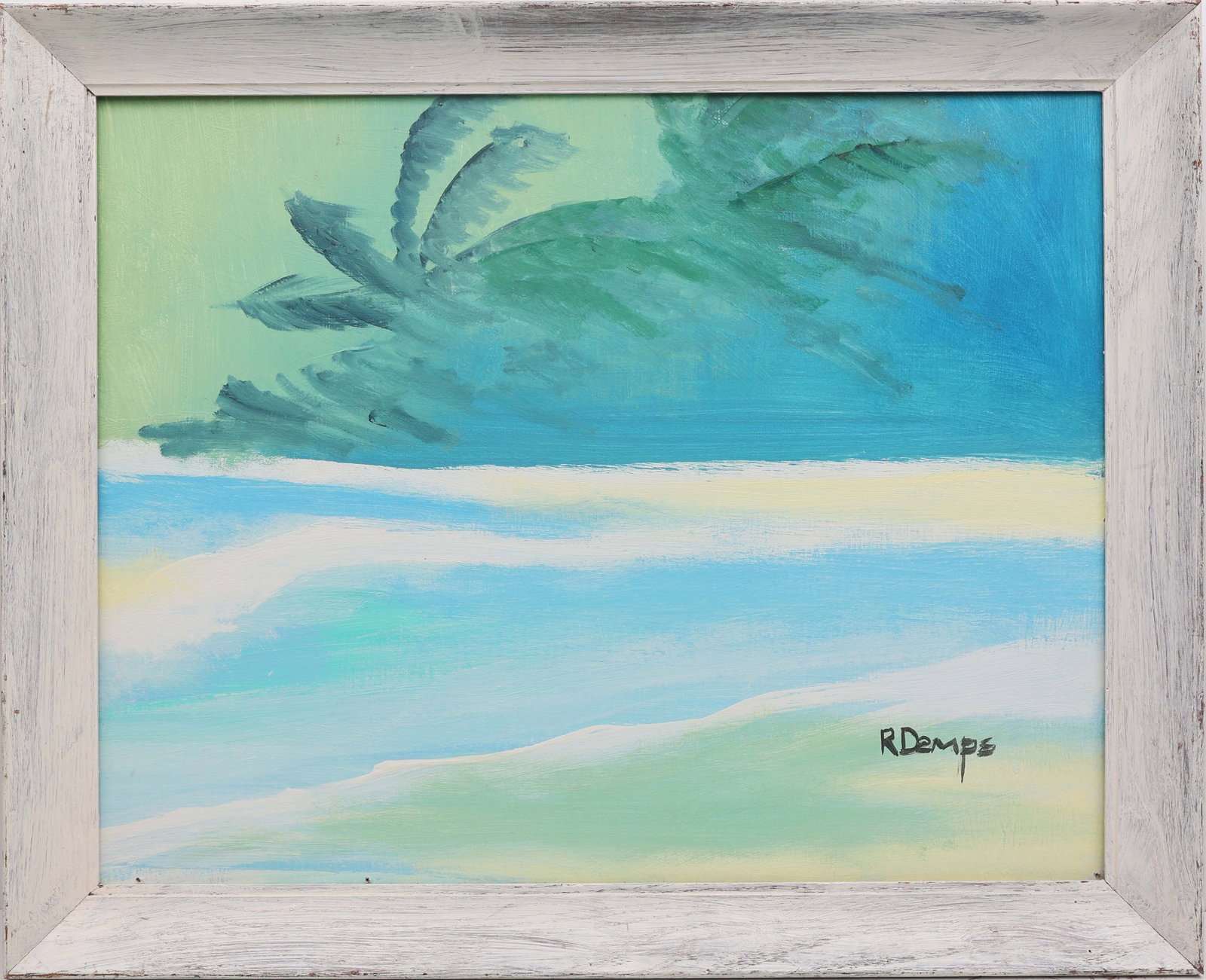 RODNEY DEMPS FLORIDA HIGHWAYMEN PASTEL RIVER: Demps, Rodney (1953- 2020) Florida Highwaymen Painting. Oil on Masonite - signed lower right. Executed in brushwork. Pastel hues of blue and green kiss on the horizon of a clear day. Board measures 22