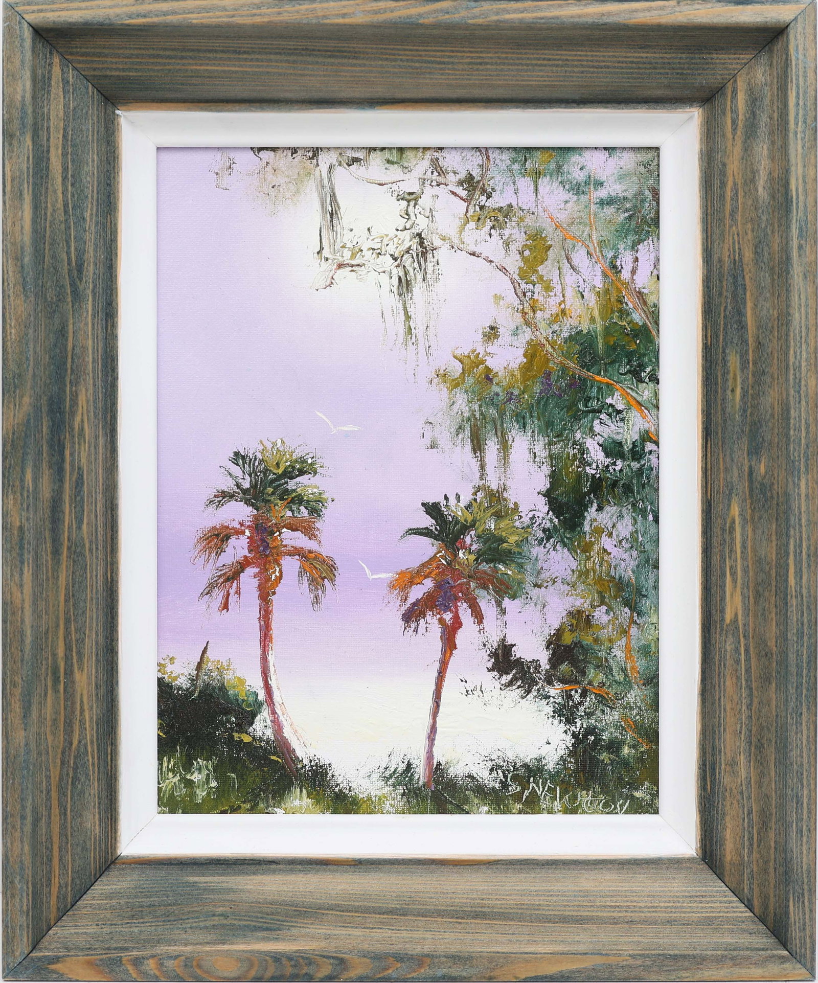SAM NEWTON FLORIDA HIGHWAYMEN PETITE TWINS: Newton, Samuel (B.1948) Florida Highwaymen Painting. Oil on Canvas Board - signed lower right. Executed in brush and palette knife. petite twin-palm scene unfolds against a purple backdrop, the palms 