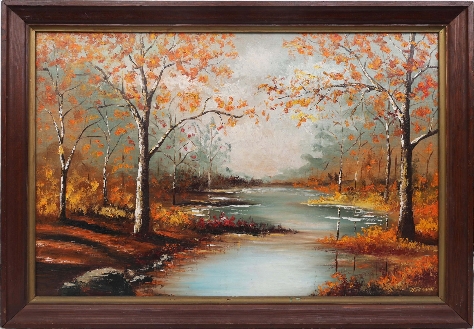 WILLIE REAGAN FLORIDA HIGHWAYMEN PEEKSKILL NY: Reagan, Willie C. (1939-2026) Florida Highwaymen Painting. Oil on Upson - signed lower right and verso. Executed in palette knife and brush. Reagan re imagines Peekskill's fall brilliance through a Hi