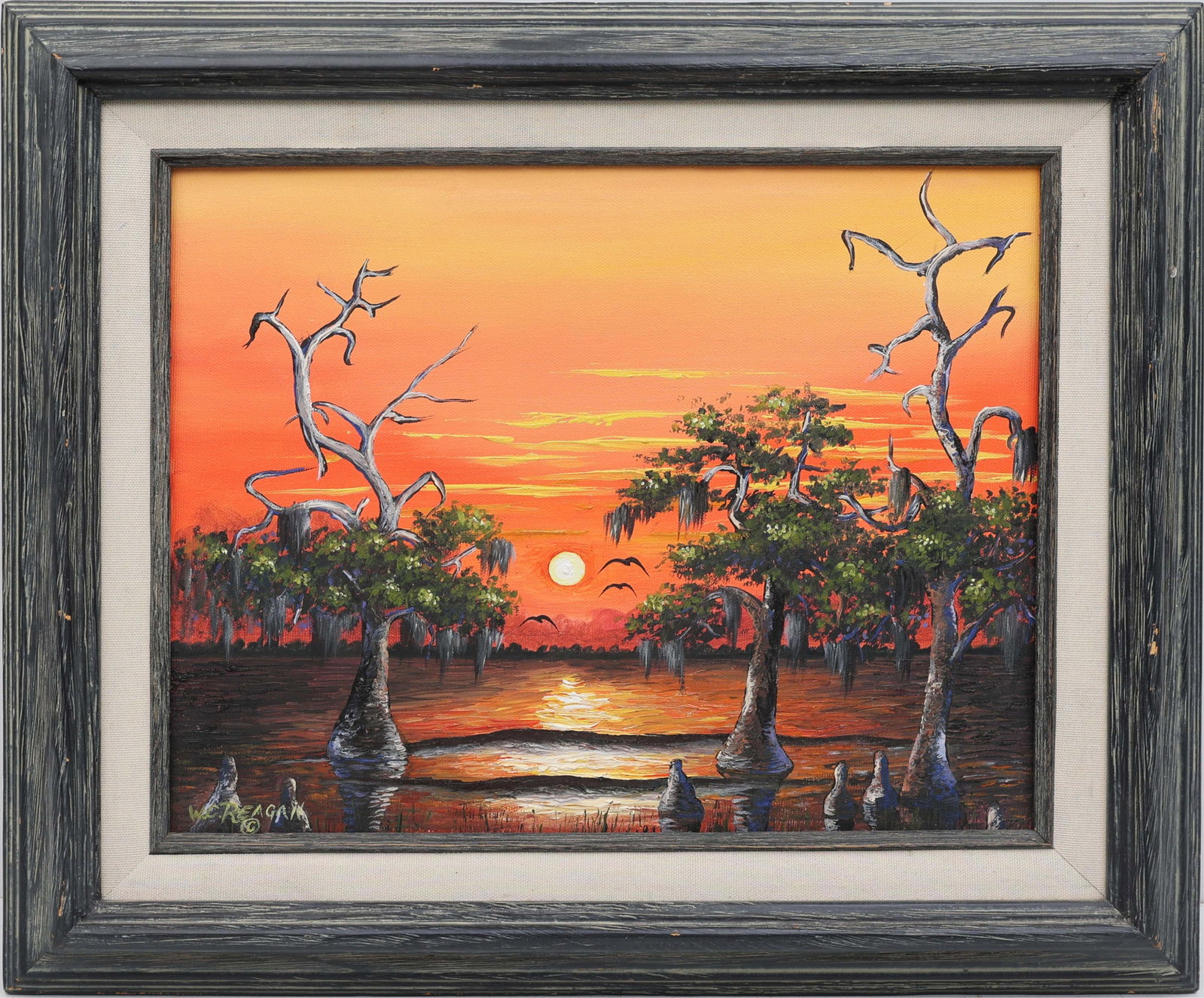 WILLIE REAGAN FLORIDA HIGHWAYMEN BLUE CYPRESS LAKE: Reagan, Willie C. (1939-2026) Florida Highwaymen Painting. Oil on Canvas - signed lower left and verso. Executed in brushwork. Blue Cypress Lake scene glows with water threading through the cypress, c
