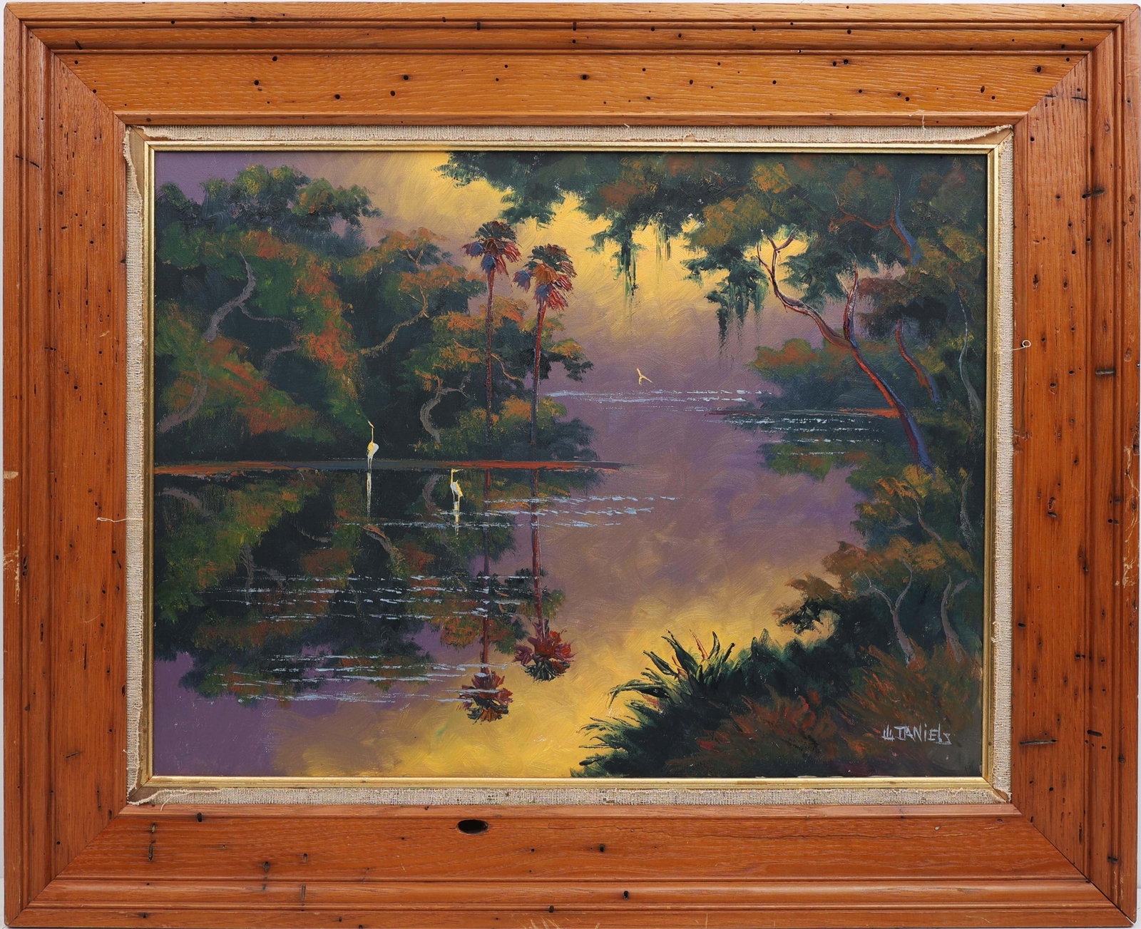 WILLIE DANIELS FLORIDA HIGHWAYMEN PURPLE PARADISE: Daniels, Willie (1950-2021) Florida Highwaymen Painting. Oil on Canvas - signed lower right. Executed in brush and palette knife. Willie Daniels conjures a purple paradise where a tropical inlet glows