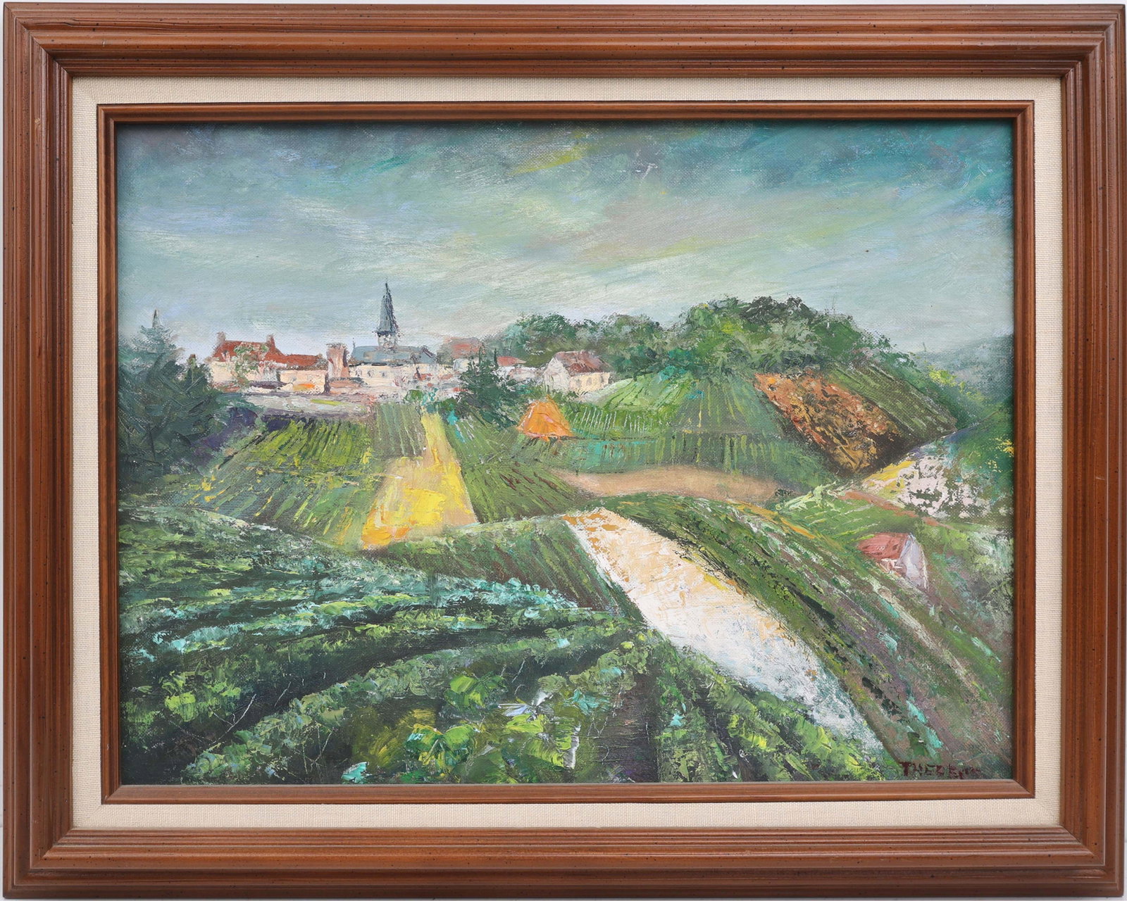 THERESE KNOWLES FLORIDA ARTIST INDIAN RIVER: Knowles, Therese (1918-2008) Florida Artist Painting. Oil on Canvas Board - signed lower right. A gentle sweep of Central Florida’s farm hills leads the eye toward a distant church, its white st