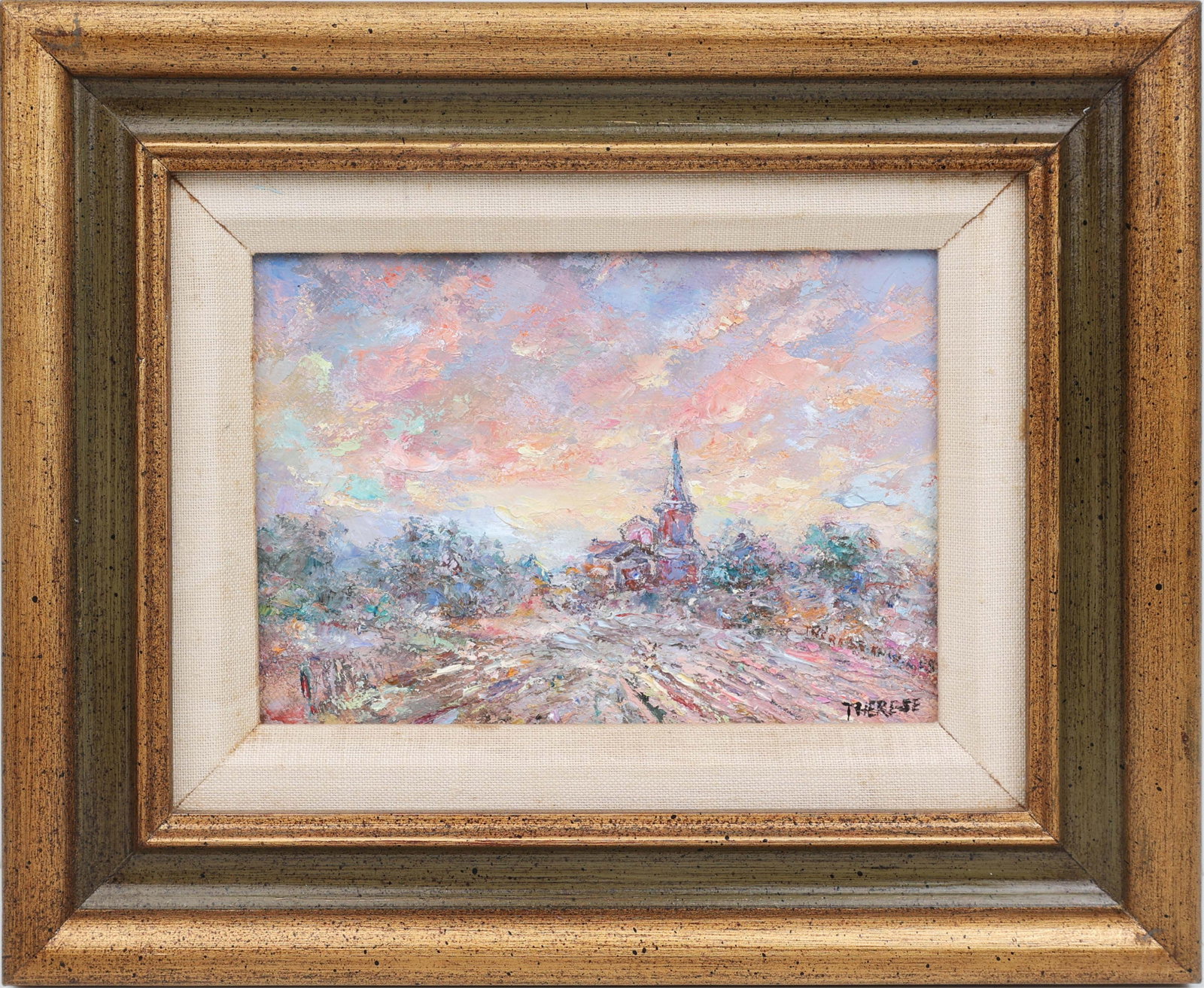THERESE KNOWLES FLORIDA ARTIST PETITE LORDS TEMPLE: Knowles, Therese (1918-2008) Florida Artist Painting. Oil on Canvas - signed lower right. Executed in palette knife. An impressionist rendering of a place of worship set upon a mountaintop. Canvas mea